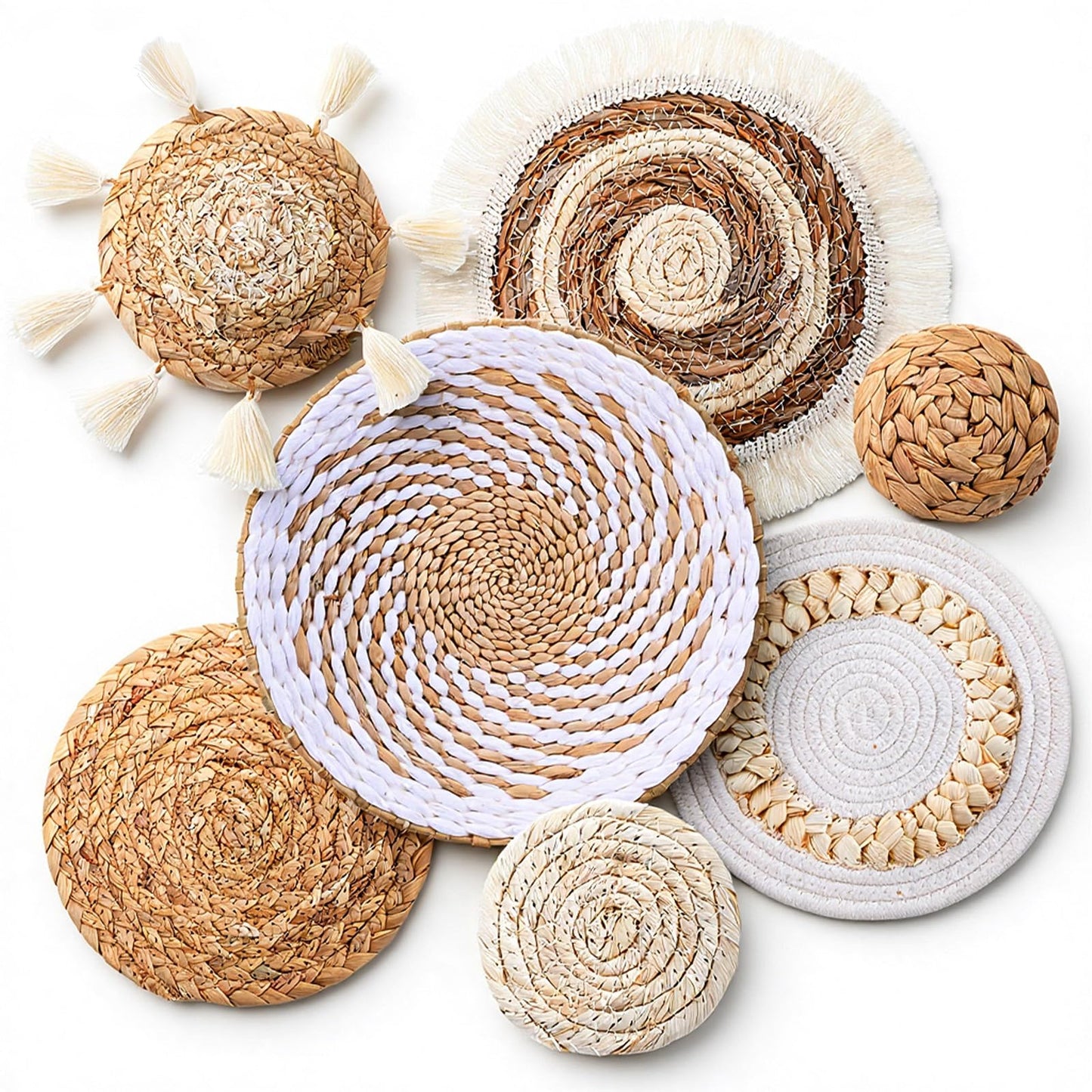 Oqqlin 7 Pcs Boho Wall Basket Decor, Handmade Seagrass Rattan Wicker Wall Decor Flat Round Rustic Woven Hanging Art for Bedroom, Kitchen, Living Room, Office Decorations