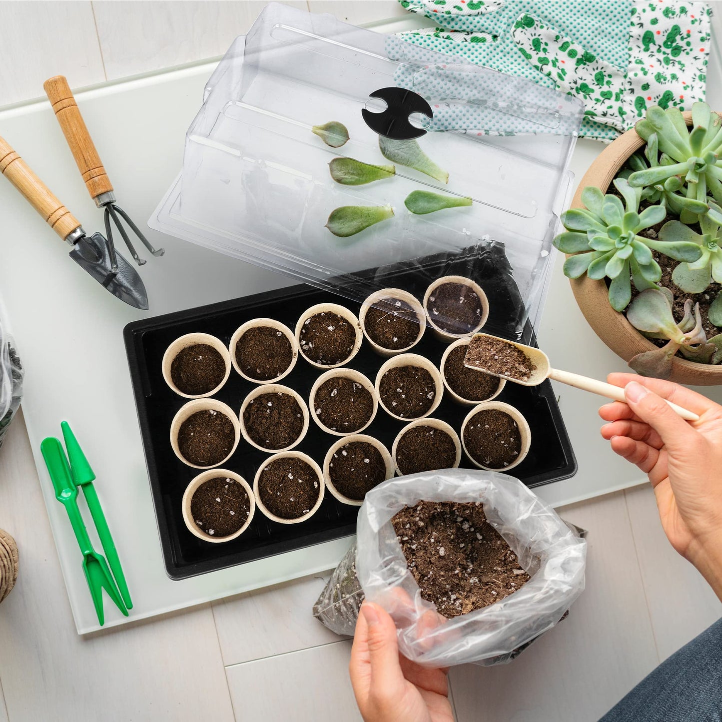 Hahood 4 Pack Seed Starter Tray Set Plants Growing Trays Peat Pots for Seedlings with Seed Starter Pots, Plastic Germination Tray, Plant Labels, Tool for Flower Vegetable Planting, Black
