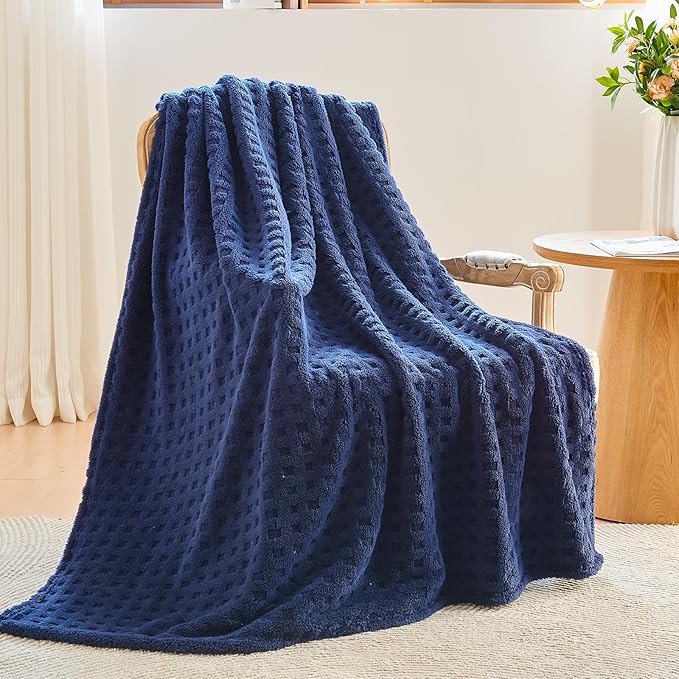 NEWCOSPLAY Super Soft Queen Blanket Navy Premium Silky Flannel Fleece 3D Waffle Checkered Lightweight Bed Blanket All Season Use (Dark Navy, Queen(90"x90"))