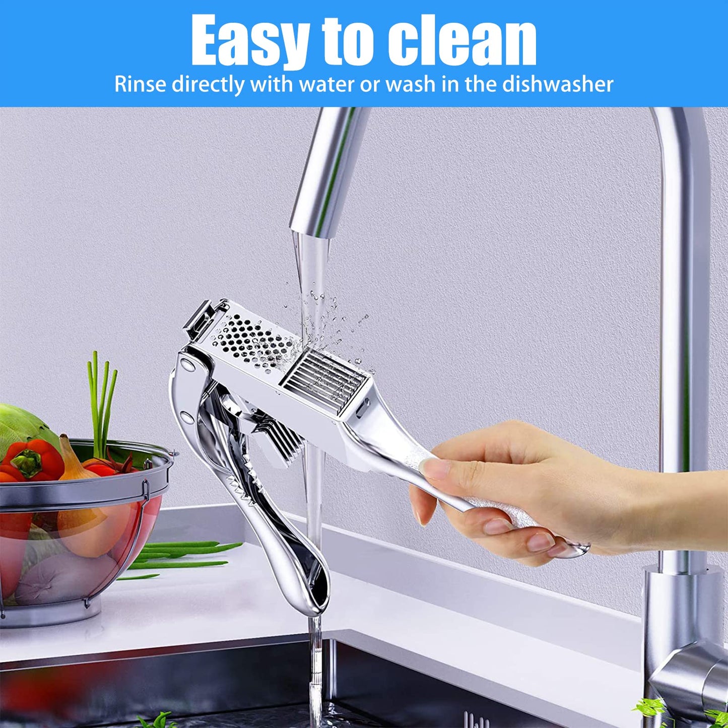 2-in-1 Garlic Cutter Stainless Steel Garlic Press with Ergonomic Non-Slip Handle for Fresh Garlic Ginger Nut Easy to Use & Clean