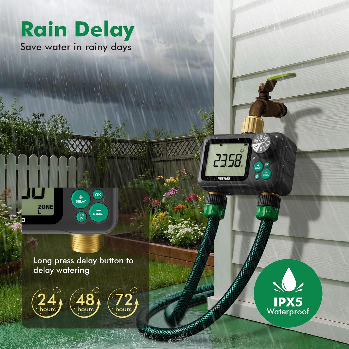 RESTMO Remote Control Brass Sprinkler Timer for Outdoor Hose Faucet 2 Zone, Max 11h59m Water Timer for Long Watering Soaker Hose, Misting with Large Dial, Rain Delay/Manual/Auto for Drip Irrigation