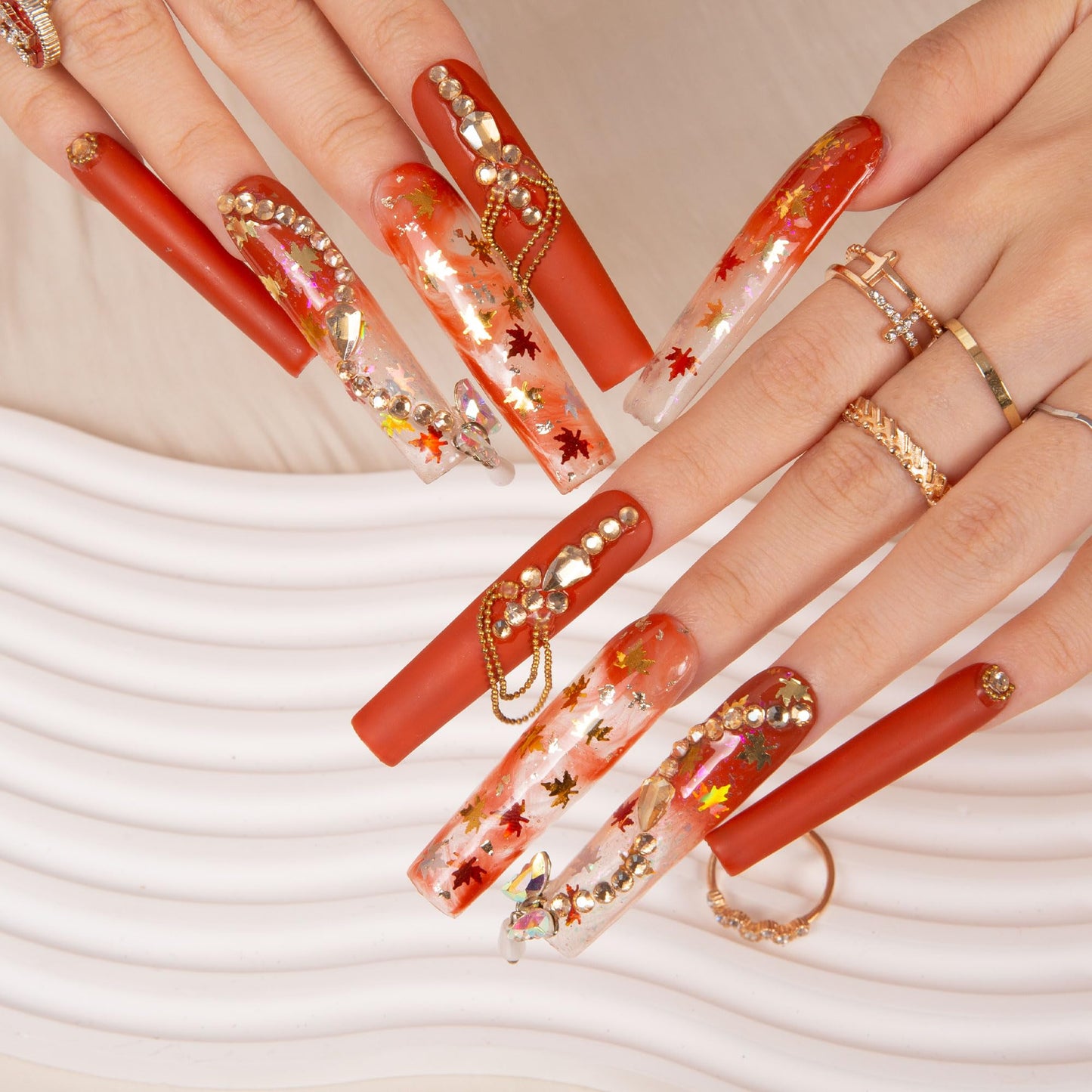 LOVFUL Press on Nails Fall | Handmade with Full Covered Crystals | Reusable Full Cover Nails | Square Long 2.2 in | H77-S