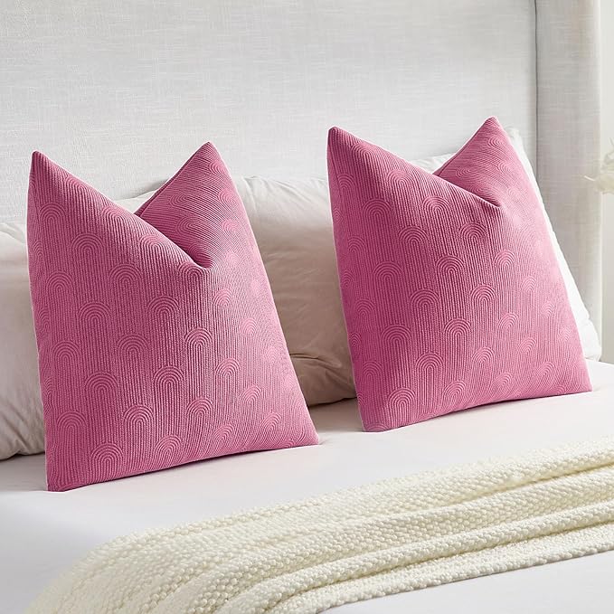 FUTEI Hot Pink Chenille Decorative Throw Pillow Covers 12x20 Inch Set of 2,Soft Cozy Striped Geometric Patterns Lumbar Pillow Cases,Modern Home Decor for Couch Bed Living Room