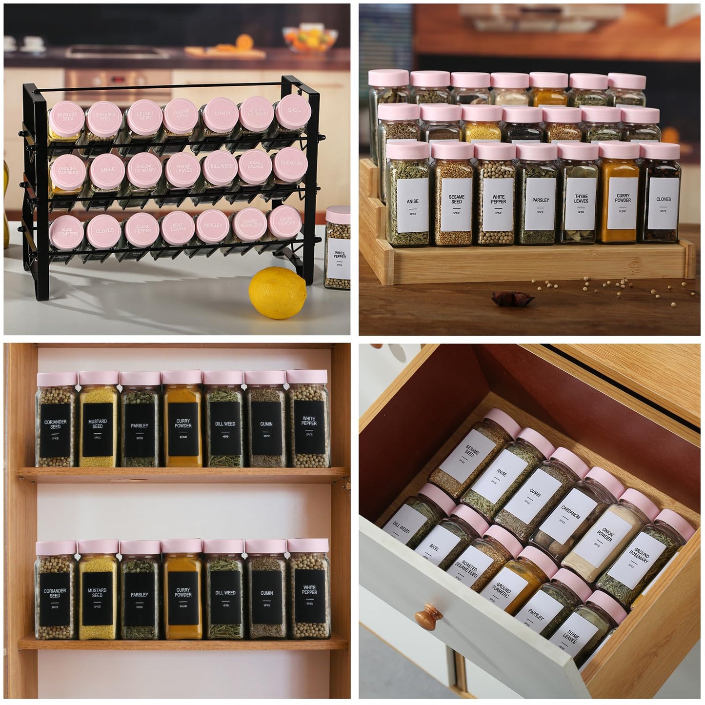 GMAMXD 24 Glass Spice Jars with Labels, Spice Jar Set, 4oz Seasoning Containers, Spice Containers with Pink Airtight Lids and Shaker Lids, Square Empty Spice Bottles, 492 Labels, 1 Funnel