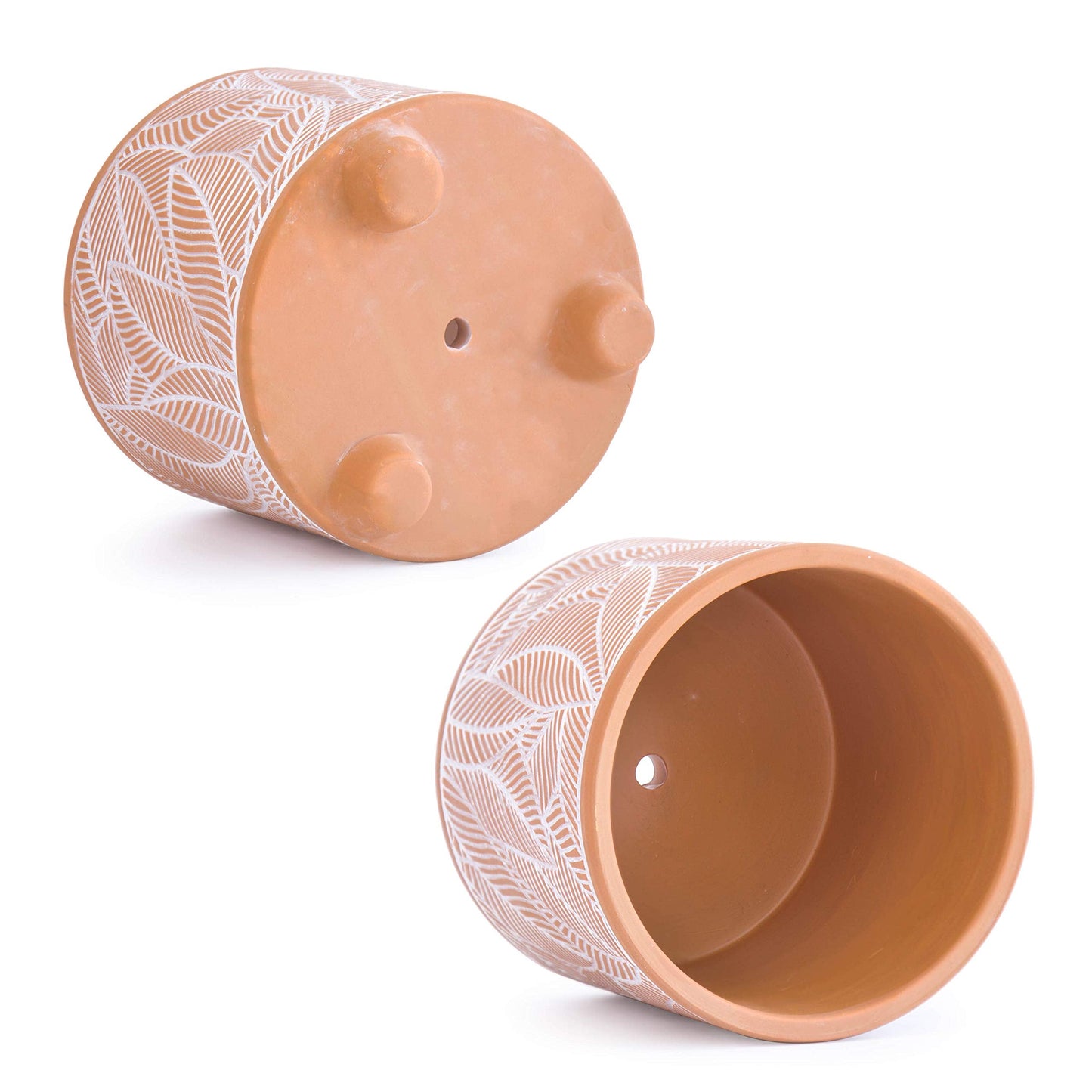 D'vine Dev Set of 2 Terracotta Planter Pots, 4 Inch & 6 Inch, Design Plants Pot with Drainage Hole, Sahara Fern, Terracotta/White, 31-953-H-1