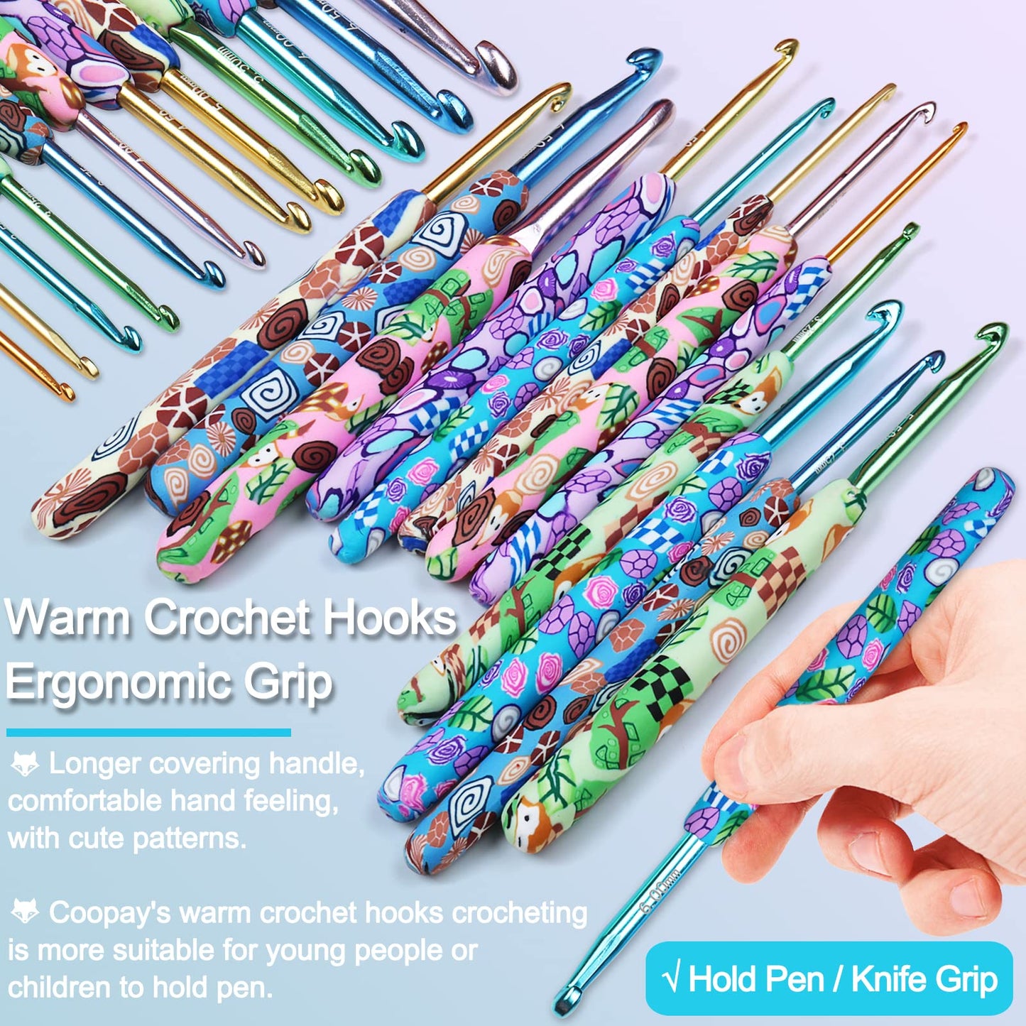 Coopay Complete Crochet Hooks Set for Beginners, 2.25mm-8mm Crochet Hook, Ergonomic Crochet Hooks for Arthritic Hands, Cute Animal Print Comfort Grip, Crochet Needles for Blankets Dolls, Crochet Gifts