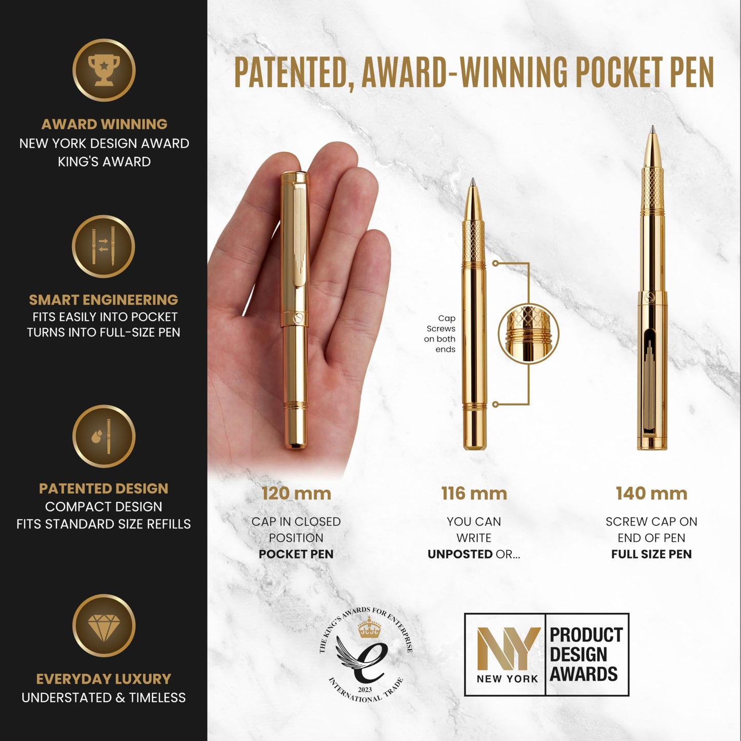 Scriveiner Heavy Gold Rollerball Pen, Award Winning Luxury Pocket Pen with gold plating Finish, German Schmidt Refill, Best EDC Writing Gift Set for Men & Women, Nice Fancy