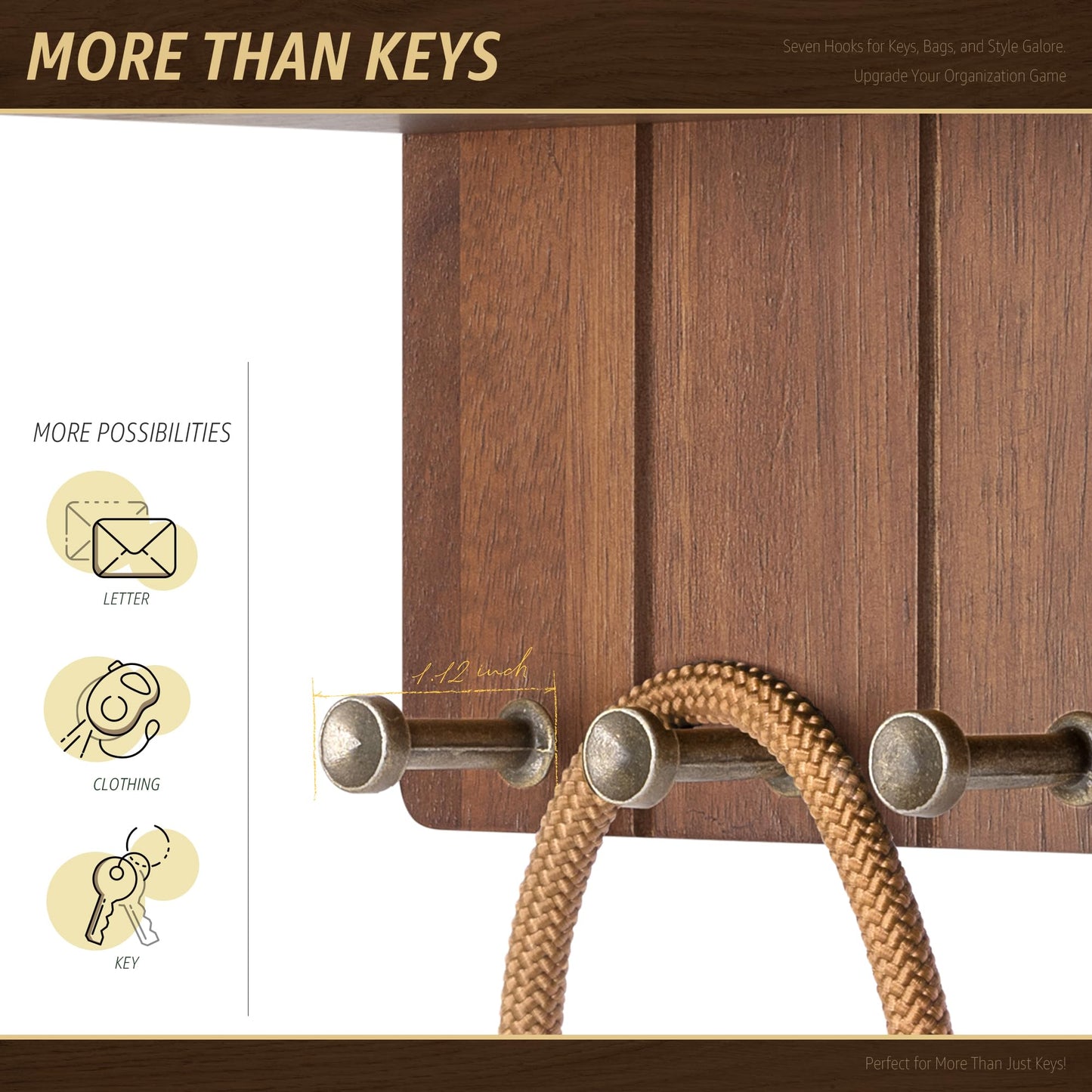 Rebee Vision Farmhouse Key Holder Wall Mount - Decorative Mail Organizer with 7 Key Hooks and Wall Shelf - Rustic Home Decor for Apartment Essentials (Acacia Wood)
