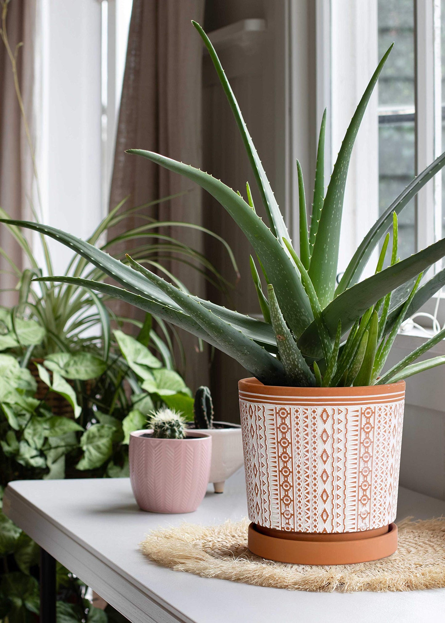 D'vine Dev Set of 2 Terracotta Pots, 6.5 Inch & 8.2 Inch, Planter Pots for Plants with Drainage Holes and Saucers, Terracotta/White, Medium, 34-958-A-1