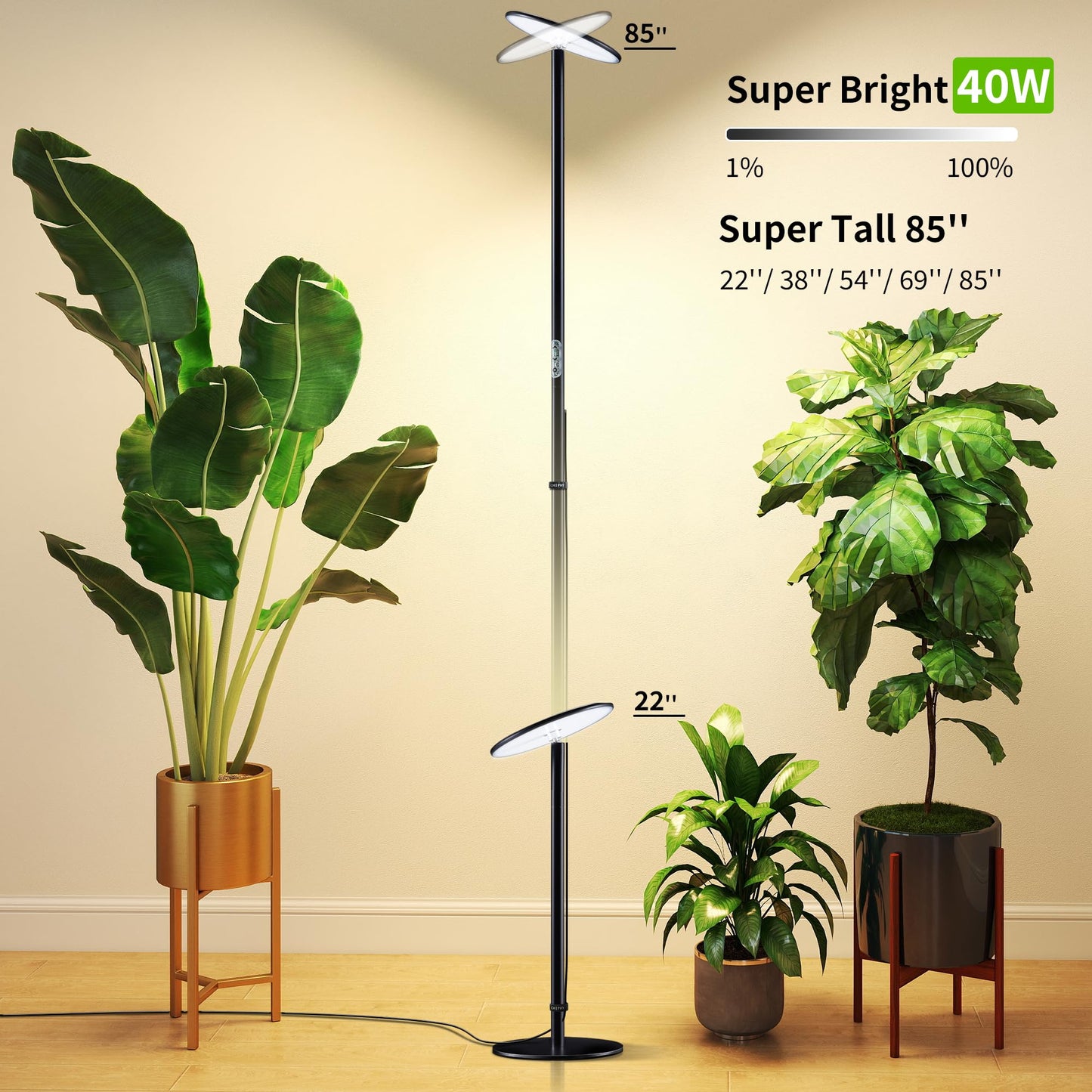 chiphy Grow Lights, 85" Full Spectrum Plant Light for Indoor Plants, 4/8/12H Timer, 40W Grow Lamp, 10 Dimmable Brightness, Height Adjustable, Ideal for Large Tall Plants