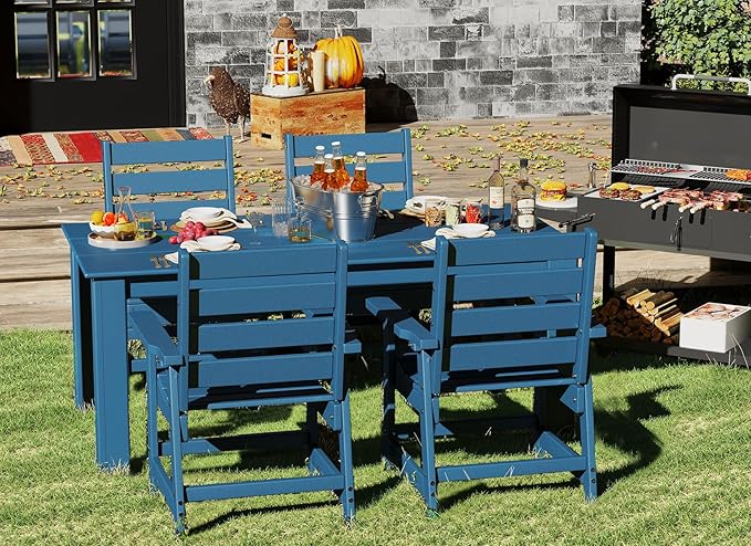 GREENVINES Outdoor Dining Table | 67’’ | HDPE | Rectangle Tables for 6 | All-Weather | Umbrella Hole | Patio Furniture | for Poolside Backyard Garden | Blue