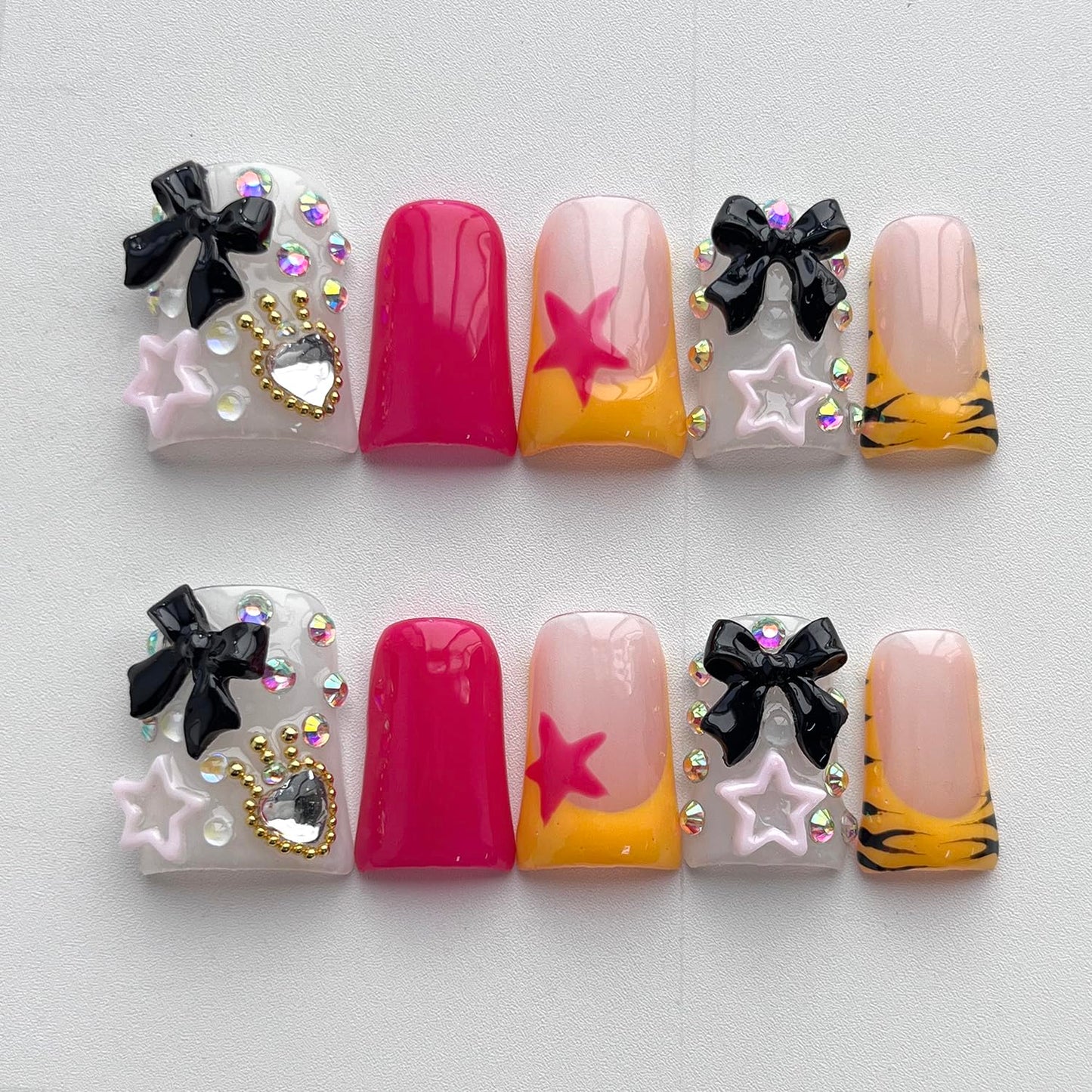 French Tip Press on Nails Handmade Short Duck 3D Thick Acrylic Nails Cute False Nails with Bow Stars Rhinestones Zebra Print Designs Kawaii Glossy Fake Nail Sturdy Art Press on Nail 10Pcs(S)