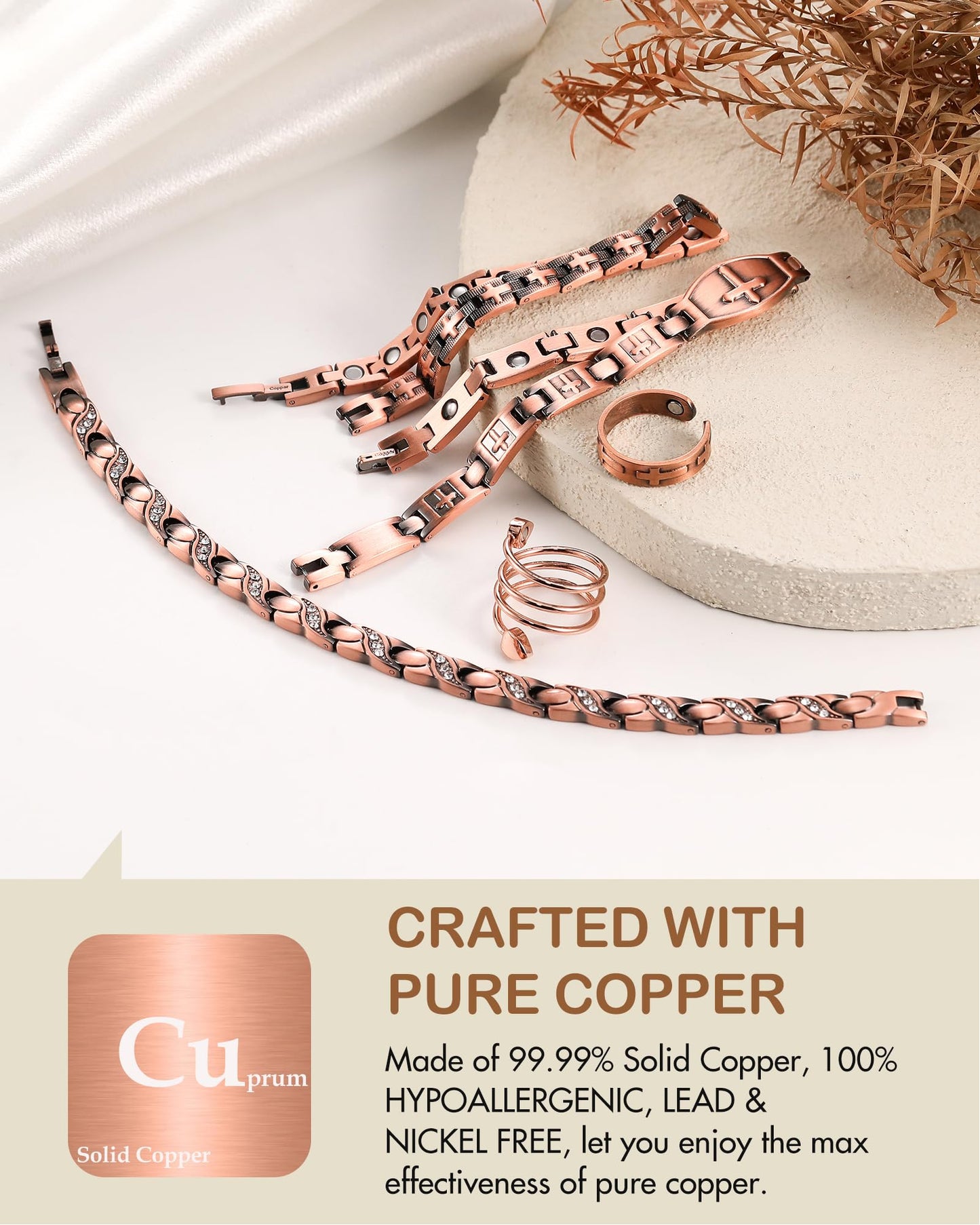 Feraco Solid Copper Bracelets & Rings for Women, Ultra Strength Magnetic Bracelet with 3500 Gauss Neodymium Magnets, Adjustable with Sizing Tool, Cross Jewelry