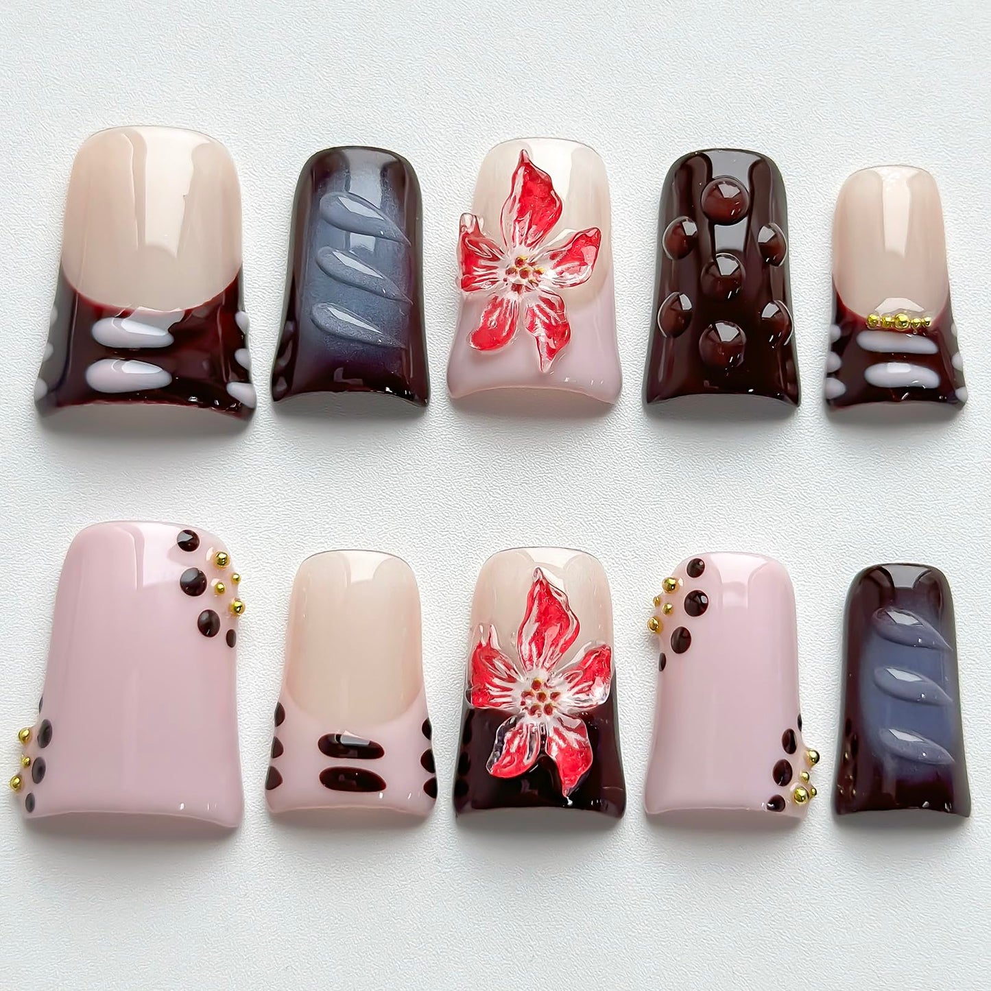 Luxury Press on Nails Short Duck Handmade 3D Unique Reusable ABS Material Fake Nails French Tip False Nails with Designs Flower Polka Dots Purple Glossy Glue on Nail Thick Acrylic Nail(S)