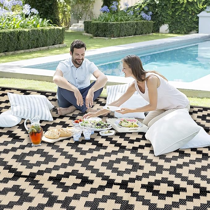SAND MINE Waterproof Outdoor Rug 9x12 ft, Plastic Reversible Rug, Modern Area Rug, Large Floor Mat for Outdoors, RV, Patio, Backyard, Deck, Picnic, Beach, Camping