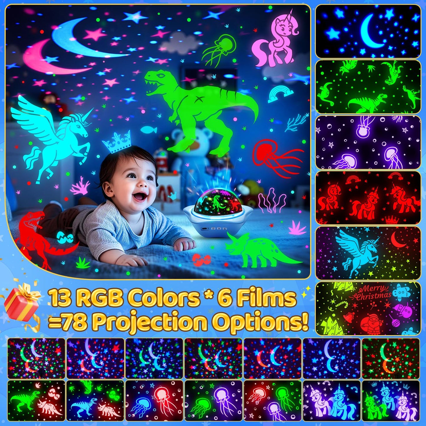 One Fire Night Light for Kids Easter Gifts, 6 Films+78 Lighting Modes Ceiling Star Projector,Rechargeable Night Light Projector,360°Rotion Star Lights for Bedroom Decor,Kids Sensory Toys Easter Toys