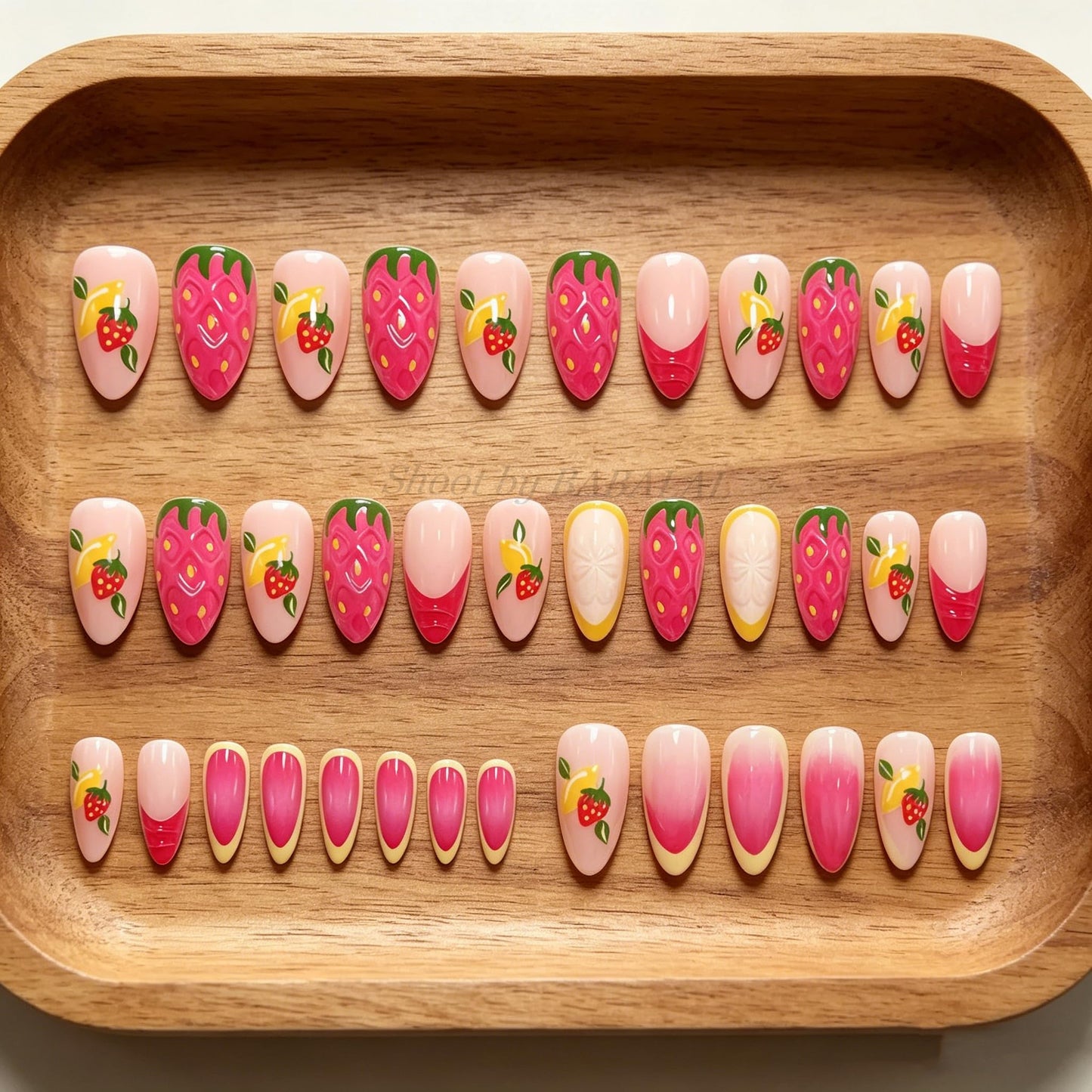 BABALAL Press On Nails, Medium Almond Fake Nails, Pink Yellow with 3D Strawberry Lemon & Bright Summe Design, Glossy Summer Fruit Kawaii Glue On Nails 24Pcs