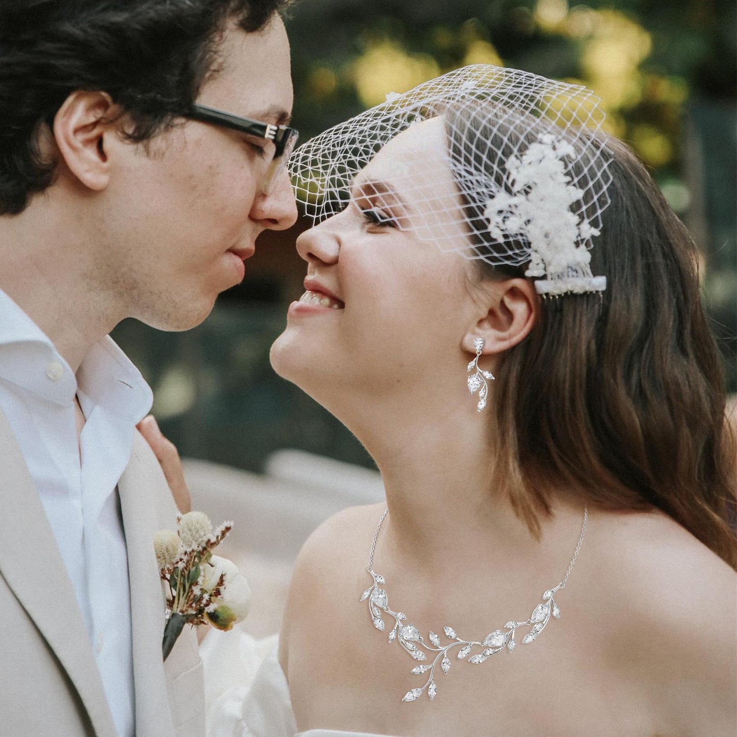 EVER FAITH Wedding Jewelry for Bride Bridesmaid, Sparkly Cubic Zirconia White Silver-Plated-Brass Pear Shaped Birthstone Leaf Bridal Choker Necklace Earrings Set for Prom