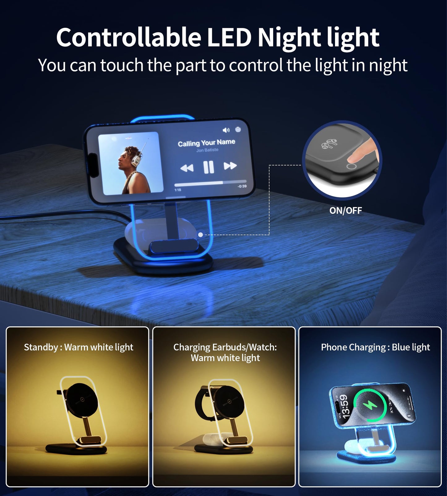 3 in 1 Magnetic Wireless Charging Station for Apple Devices, Fast Foldable Travel Mag-Safe Charger Stand with Night Light for iPhone 17 16 15 14 13 12 Series, Apple Watch/AirPods Pro-Gift for Friends