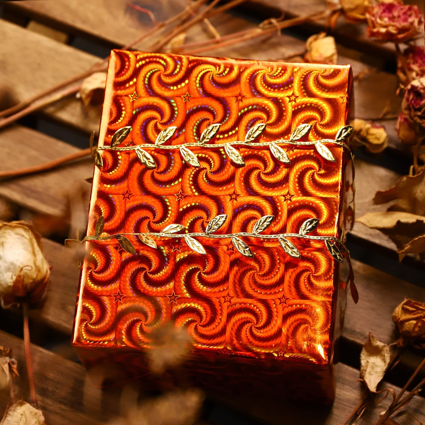 LeZakaa Fall Holographic Wrapping Paper Roll, Orange Gift Wrap with Swirl & Star Pattern Metallic Foil for Autumn, Thanksgiving, Birthday, Halloween, Wedding, Mini Roll 17 in x 32.8 ft
