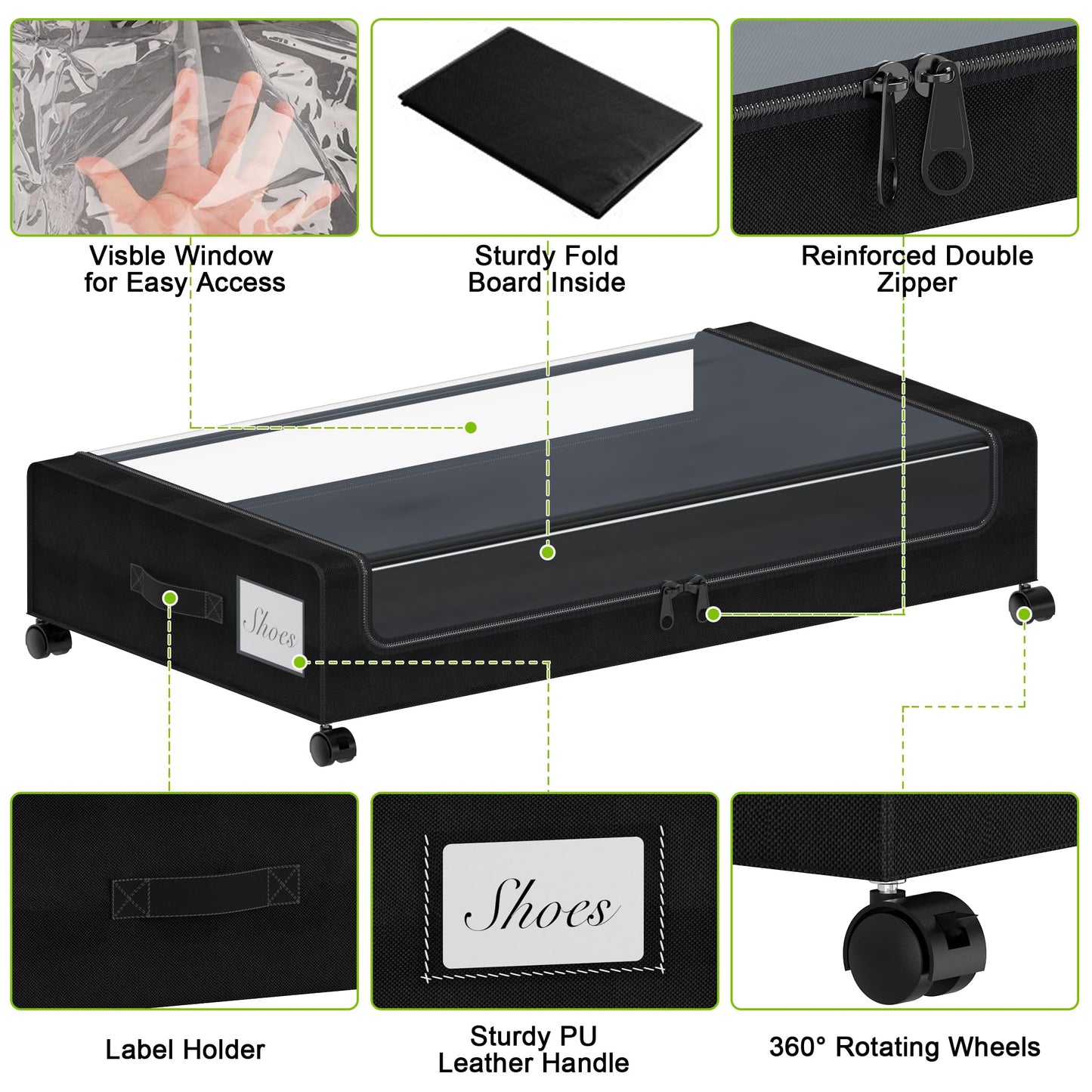 Tututry Under Bed Storage with Wheels, XXL 60L Under the Bed Storage Bins, Underbed Storage Containers with Lids & Label, Rolling Metal Drawer for Shoes, Clothes, Books, Toys (2-Pack Black)