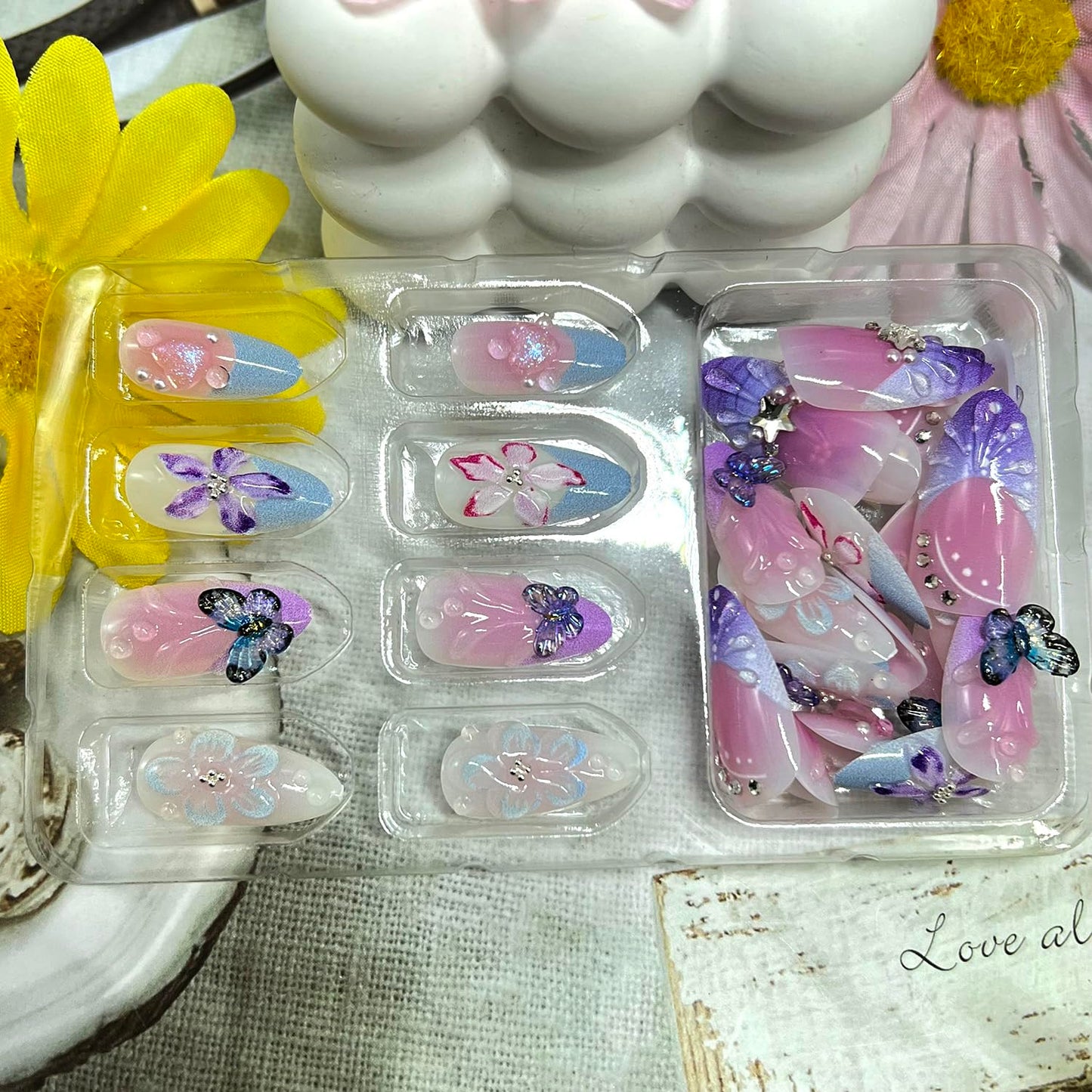 3D Flower Press on Nails Medium Almond Fake Nails with Butterfly Designs Blue French Tip False Nail Spring Summer Floral Stick on Nail for Women 30 Pcs