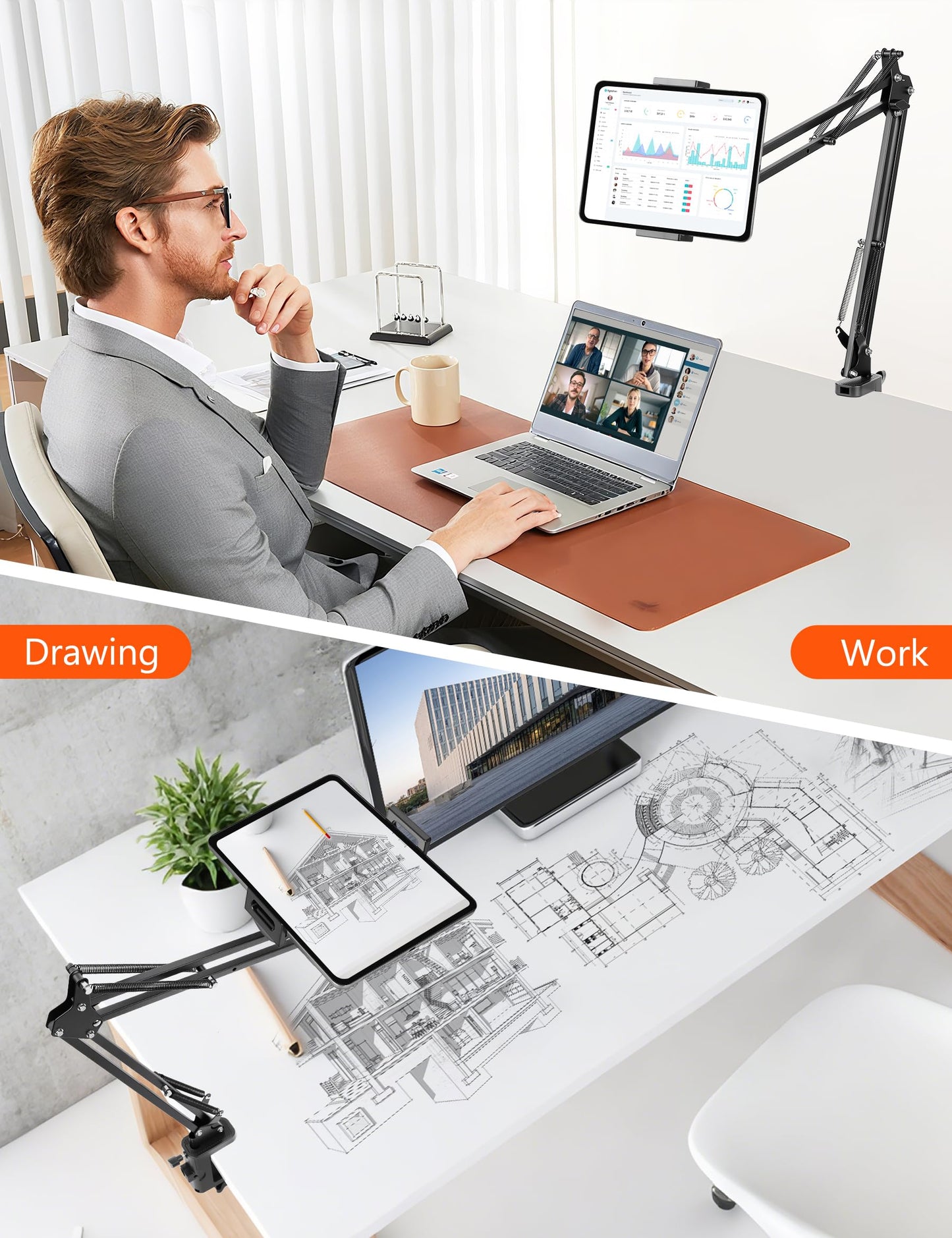 Evekea Tablet Holder for Desk, iPad Stand Phone Holder for Desk, Overhead Tablet Desk Mount for Bed with 360° Rotation, Compatible with iPhone iPad Kindle 4.7-13" Devices