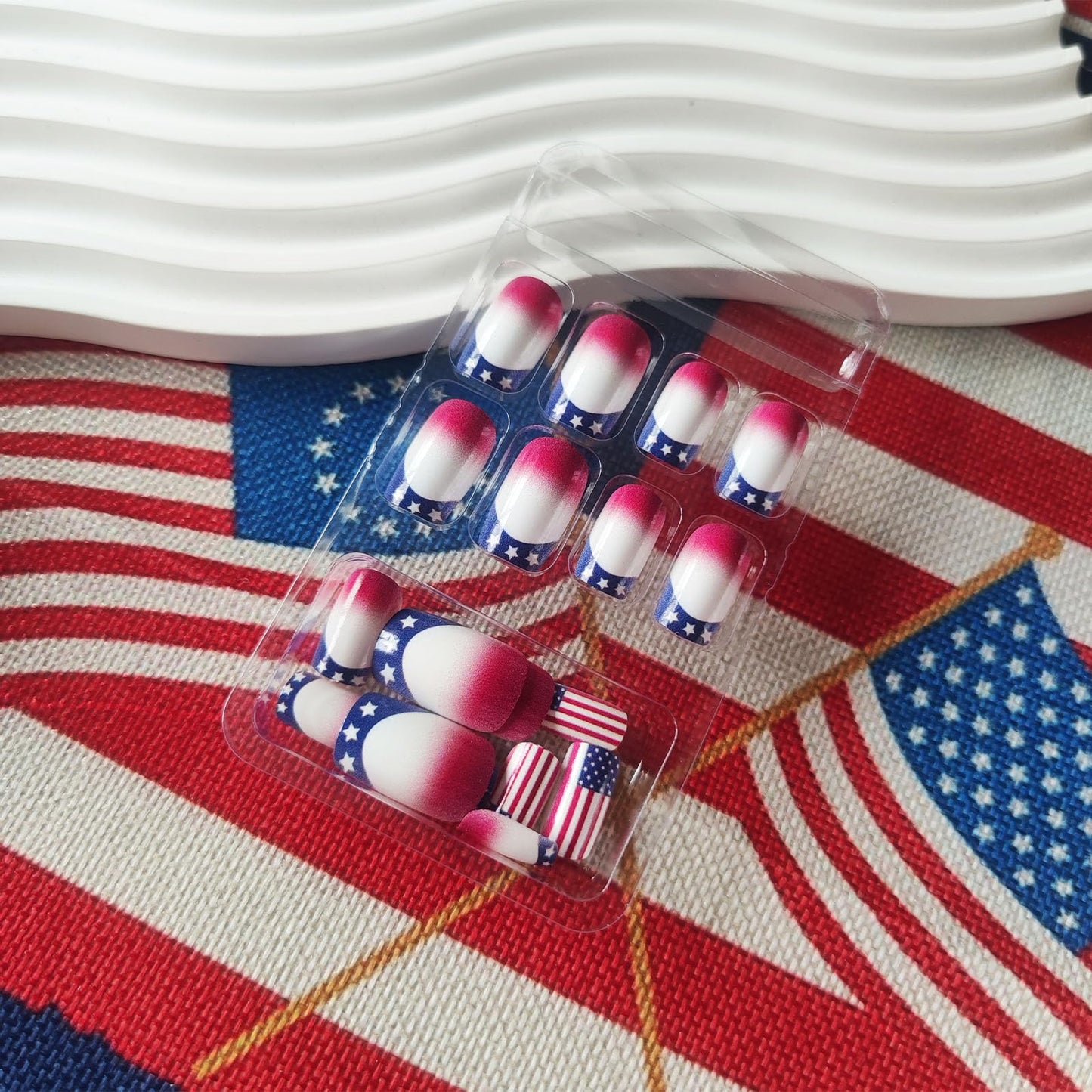 4th of July Press on Nails Glossy Blue French Tips Glue on Artificial Fingernails American Flag Fake Nails 24 Pcs Independence Day Acrylic False Nail HZJXRT Medium Square Stick on Nail for Women Gift