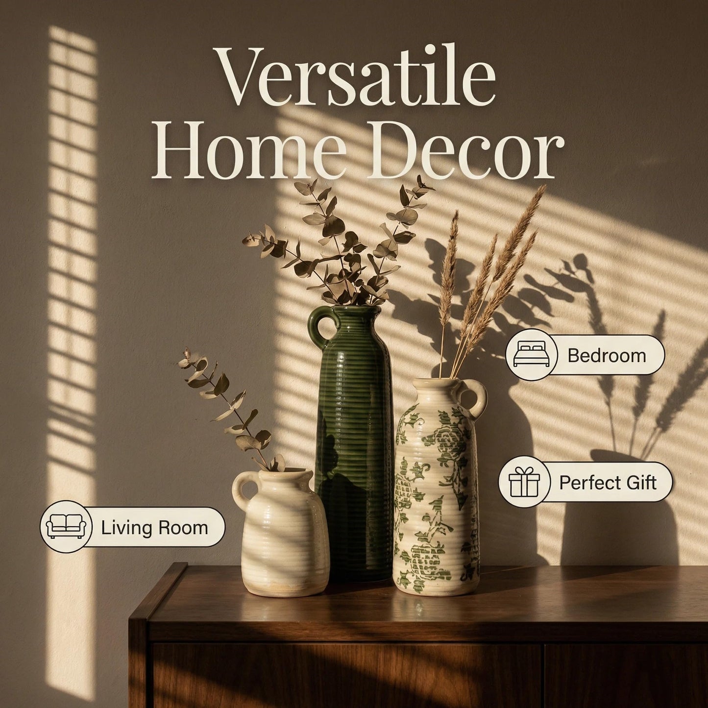 LIFESTYLO Ceramic Vase Set of 3 with Handles, Green White Neutral Rustic Modern Farmhouse Boho Decor, Versatile as Table Centerpiece or Mantel & Shelf Accent - Unique Home Gift Idea