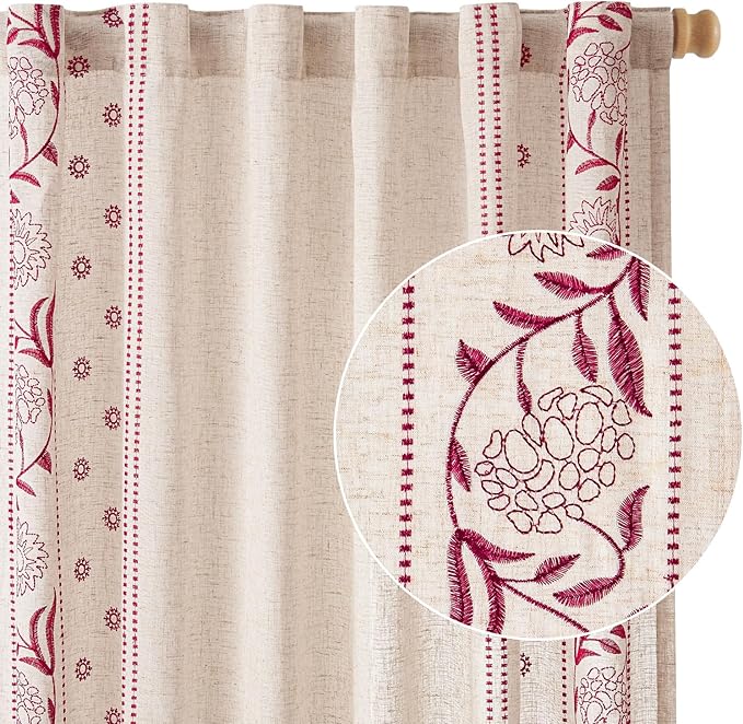 jinchan Winslow Linen Curtains for Bedroom 96 Inches Length Embroidered Bordered Floral Curtains for Living Room Farmhouse Decor Light Filtering Window Treatments Red on Beige Drapes 2 Panels