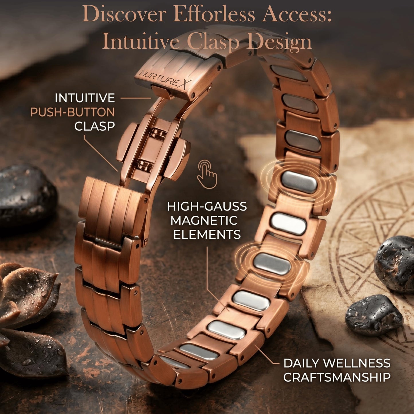 NurtureX Therapeutic Pure Copper Magnetic Bracelet for Men and Women, 5K Gauss Adjustable Magnet Therapy Bracelet with Fold Over Clasp, Includes Sizing Tool, Extra Link Pins, Cleaning Cloth, Best Gift for Men & Women - (BioFlow)