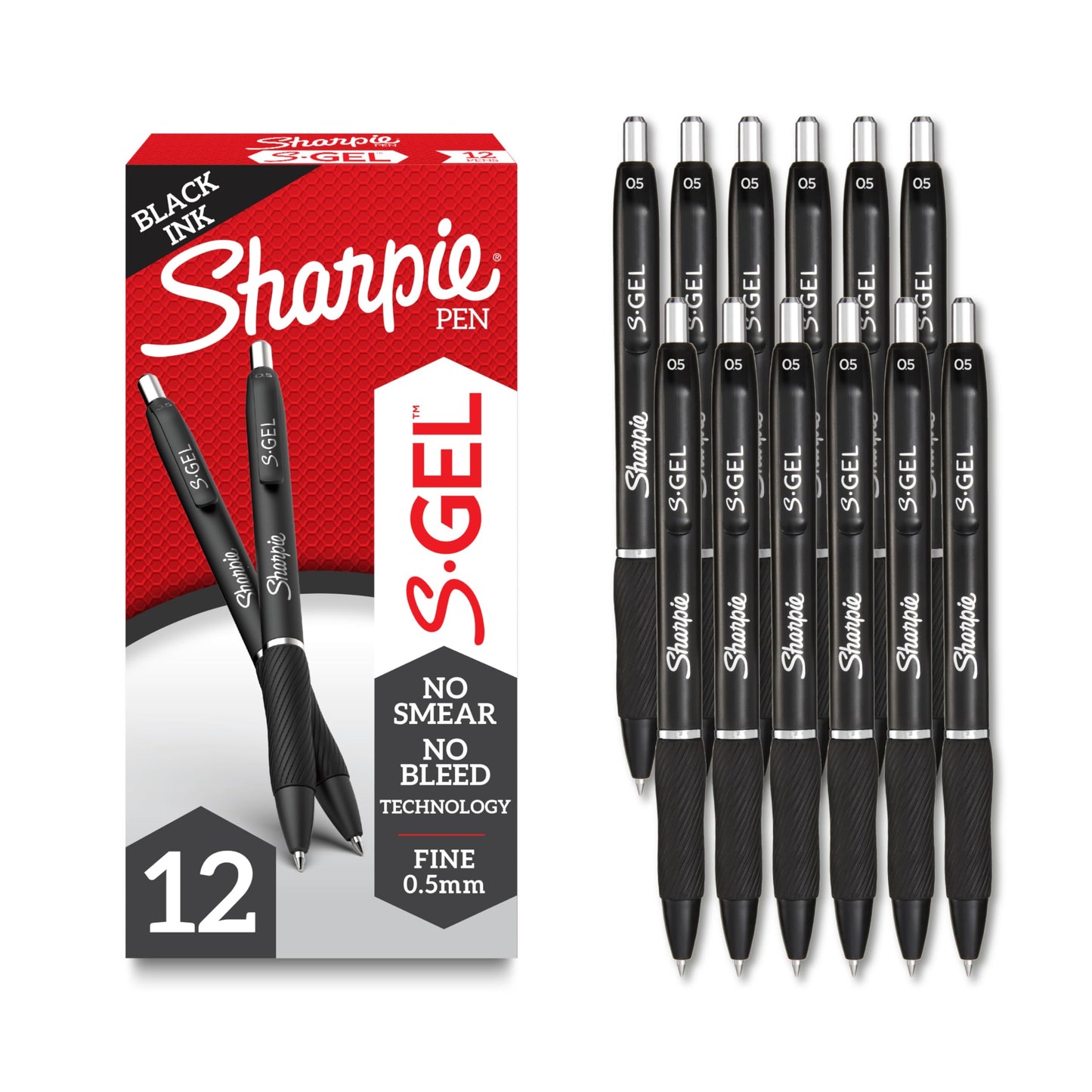 Sharpie S-Gel Pens, Fine Point (0.5mm), Black Ink, 12 count - Ideal for Writing, Journaling, Drawing, Coloring, Note-Taking, College Supplies