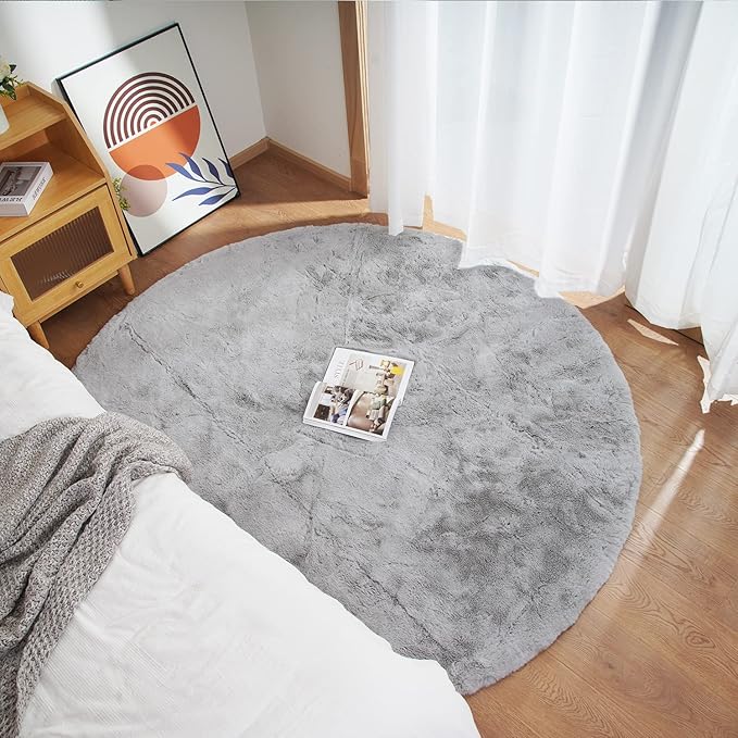 Ghouse Faux Rabbit Fur Round Rug 3ft Grey Round Rugs for Bedroom Decor Fluffy Area Rugs for Living Room, no-Shedding Carpet Sheepskin Washable Rug Rome Decor
