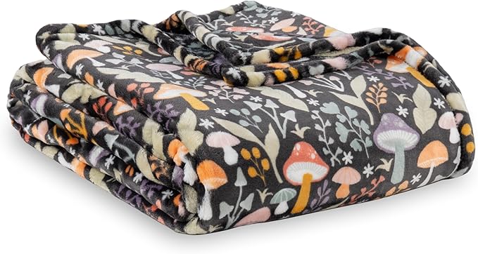 Berkshire Blanket-Classic Heavyweight Soft Printed VelvetLoft® Plush Throw Blanket, Cozy and Fuzzy, Mushroom Cutie Charcoal, 50in x 70in