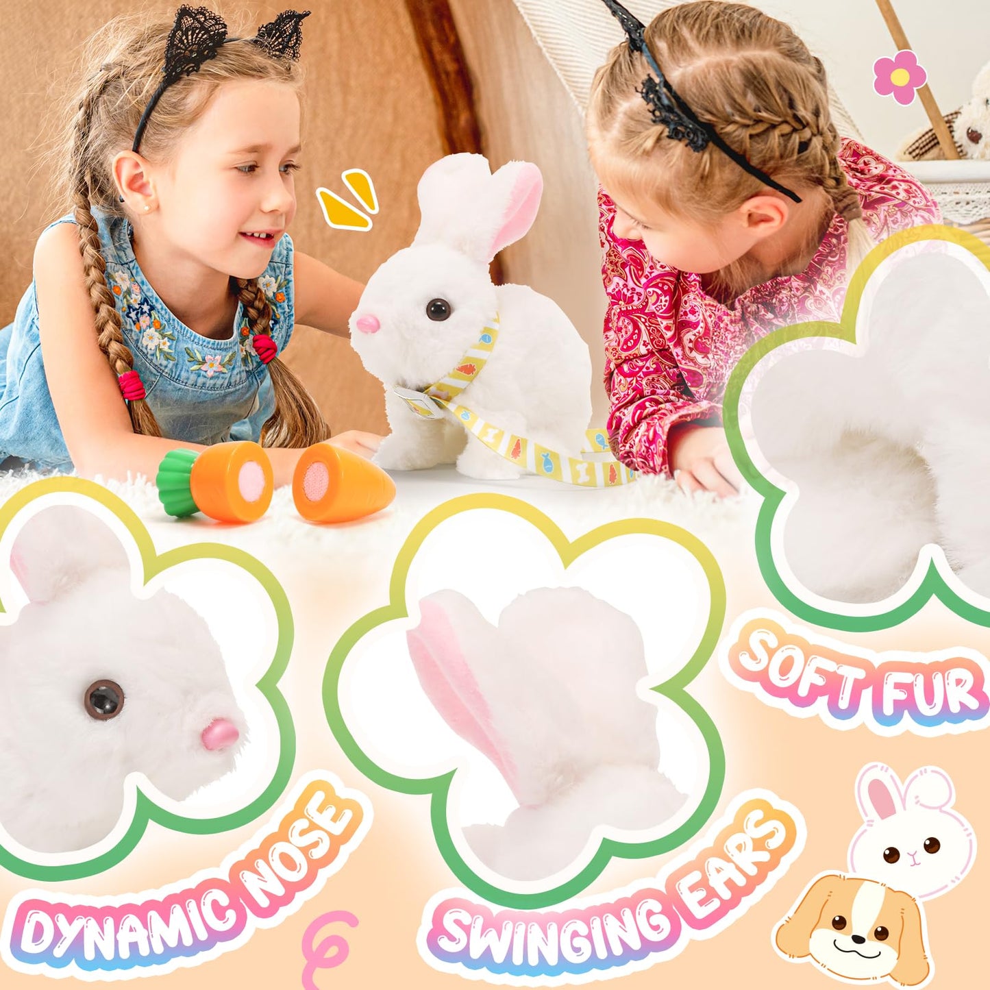 Tagitary Easter Plush Bunny Toys Electronic Toy with Sounds,Wiggling Ears,Twitching Mouth and Nose, Interactive Rabbit Toy for Kids with Leash,Easter Basket Stuffers Birthday Gift for Toddlers