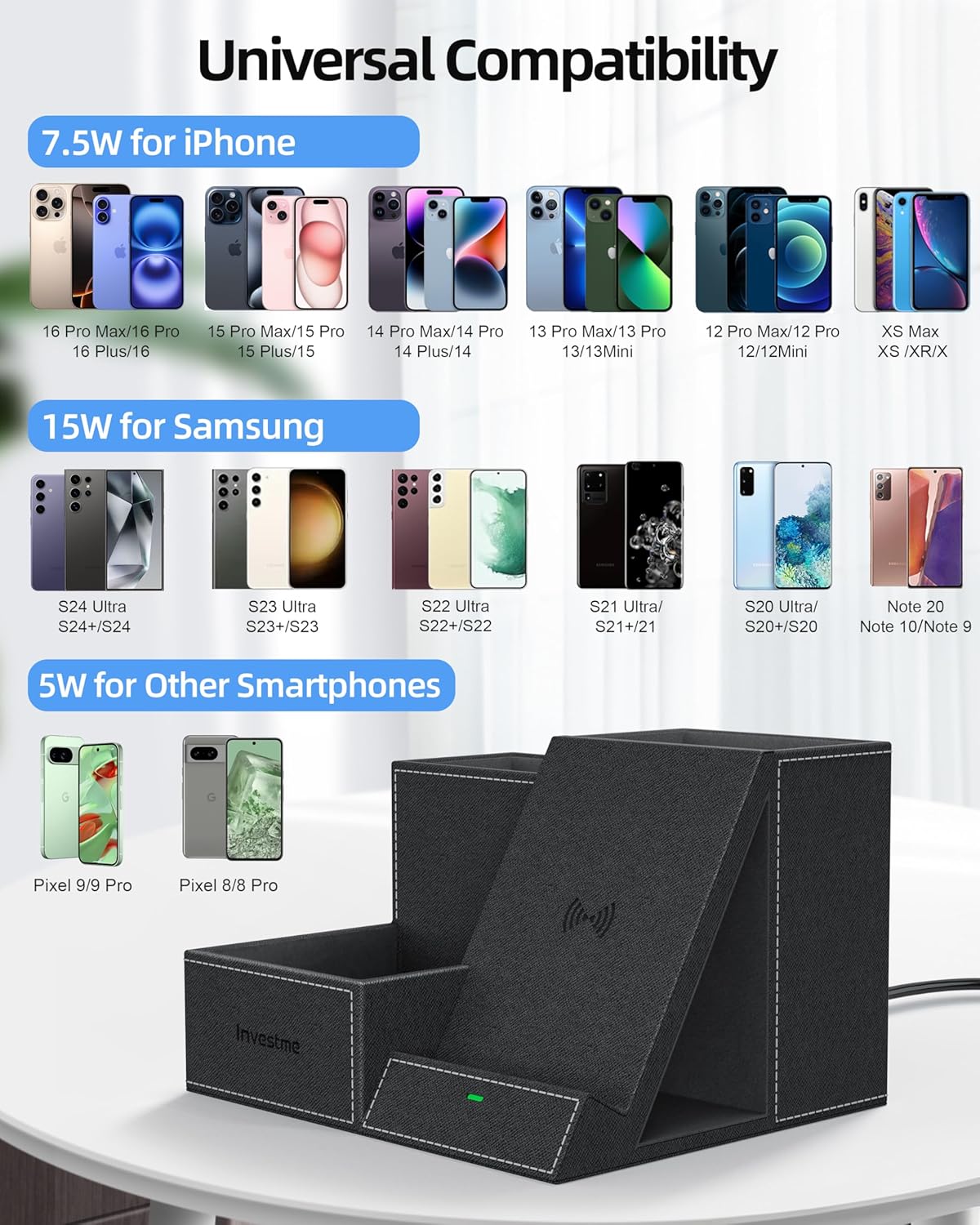 Wireless Charger with Desk Organizer, Pen Pencil Holder, Multifunctional Desktop Organizer, Office Supplies and Desk Accessories Organizer with 3 Compartments and 1 Phone Stand