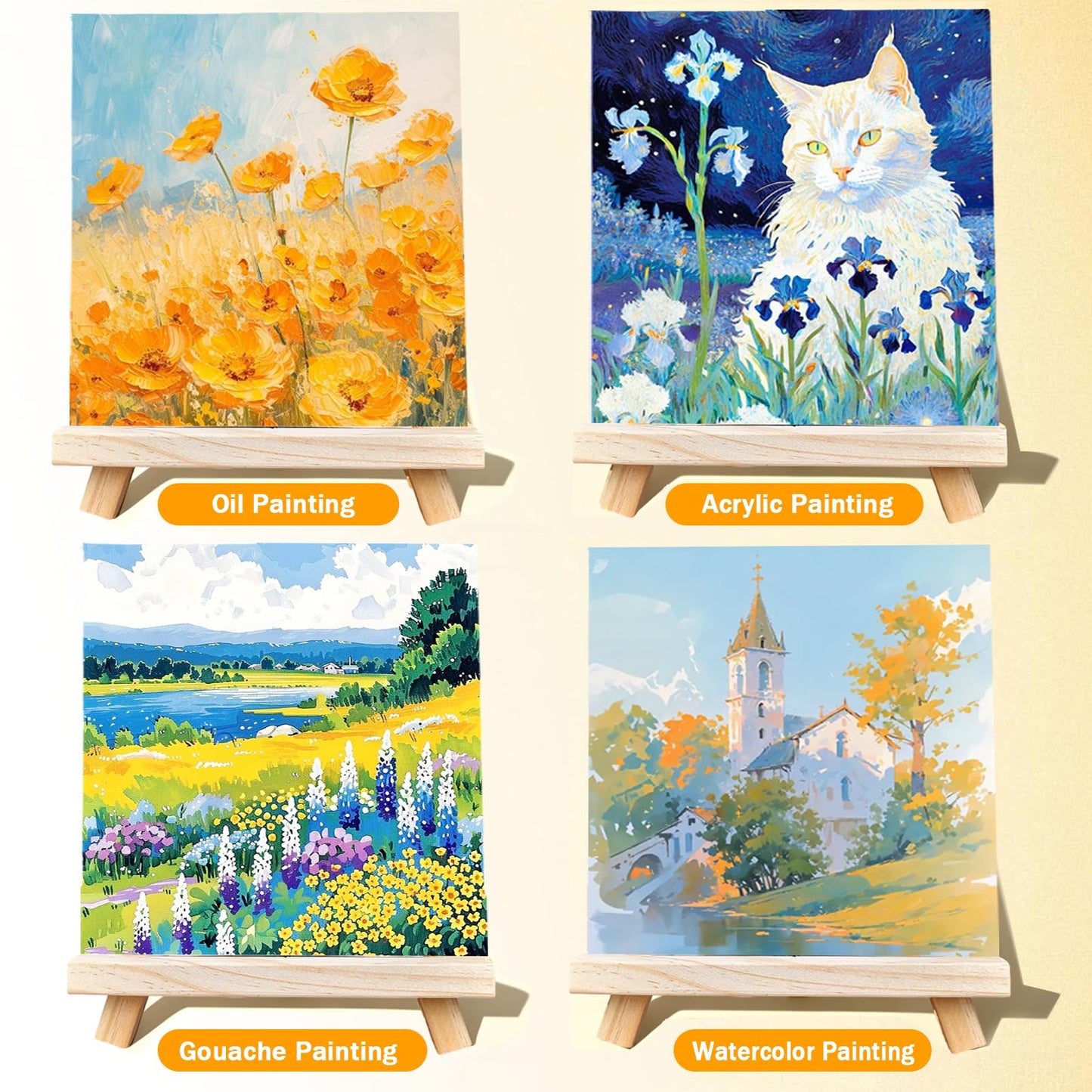 6 Pack Mini Canvas and Easel Set 6''x8'' Small Blank Canvas Boards with Pine Wood Easels - Beginner Painting Kit for Acrylic Oil Watercolor &Crafts - Ideal for Tabletop Display and DIY Art Projects