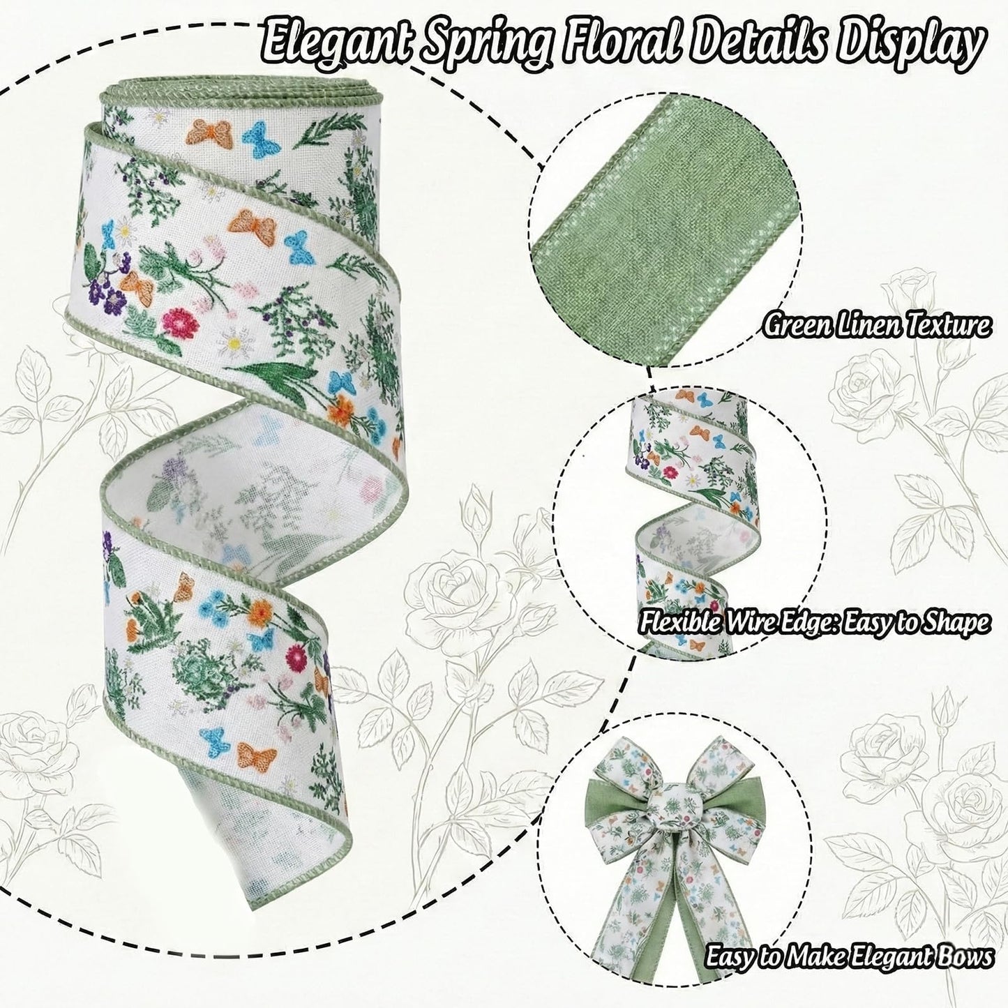 Spring Wired Ribbon 4 Rolls Green Red Floral Fabric Ribbons 1.5 Inch x 24 Yards Set Summer Flower Pattern for Wreaths Bows Making Gift Wrapping DIY Crafts Party Decor