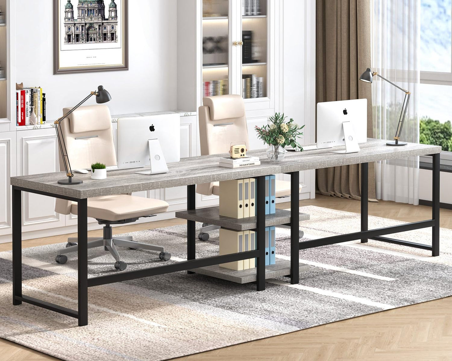 FOLUBAN 47 Inch Home Office Desk, Modern Computer Desk with Storage Shelves, Small Study Writing Gaming Table Workstation for Living Room Bedroom, Industrial Light Grey