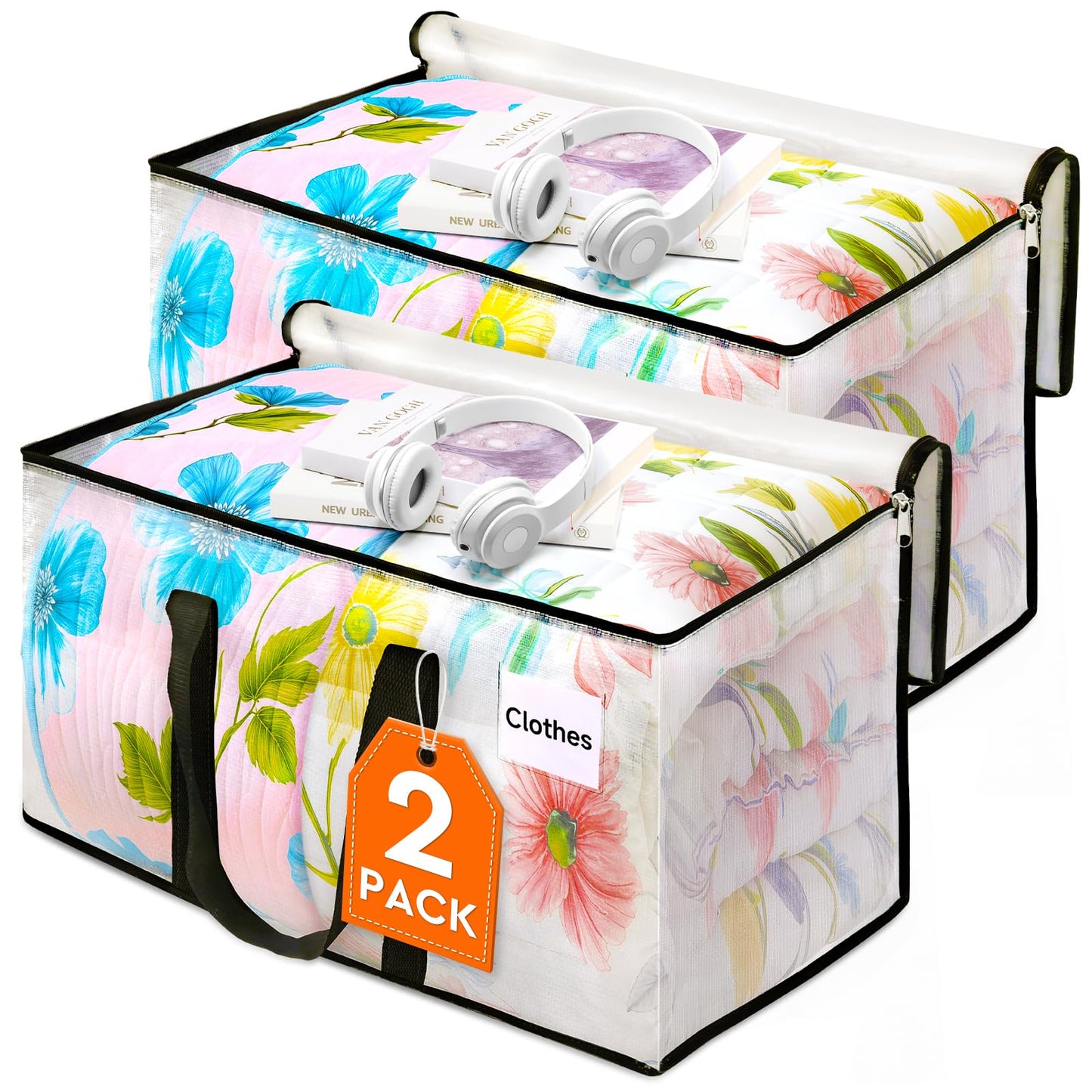 HomeHacks Clear Moving Bags Heavy Duty 2 Pack, Storage Bags with Zipper, Extra Thick Handles & Waterproof Packing Boxes for Moving, Camping, Home Organization 93L/24Gal (28.7"x14.2"x14")