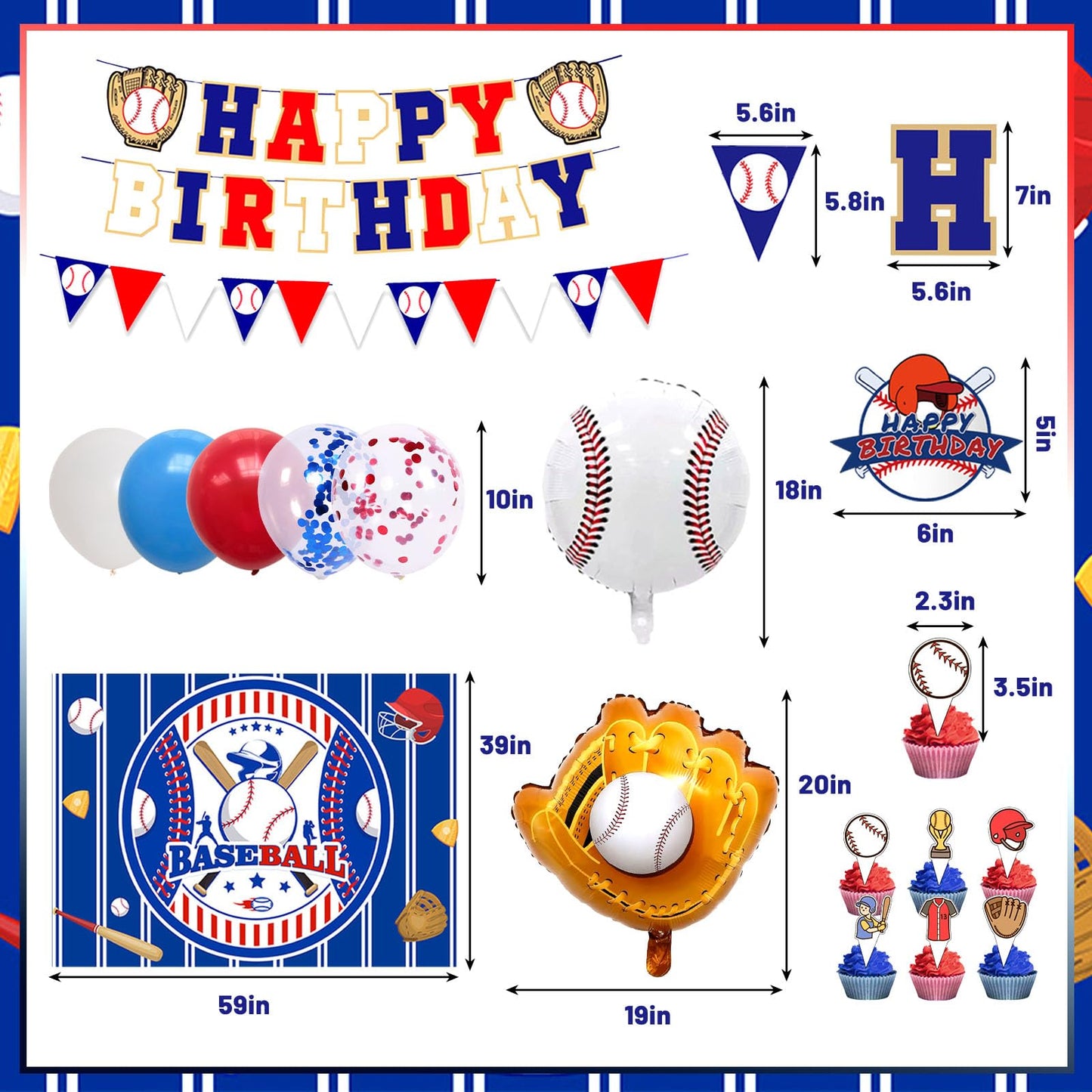 Baseball Birthday Party Decorations, 64 PCS Baseball Party Supplies Kit, Include Backdrop, Happy Birthday Banner, Balloons, Cupcake, Cake Toppers