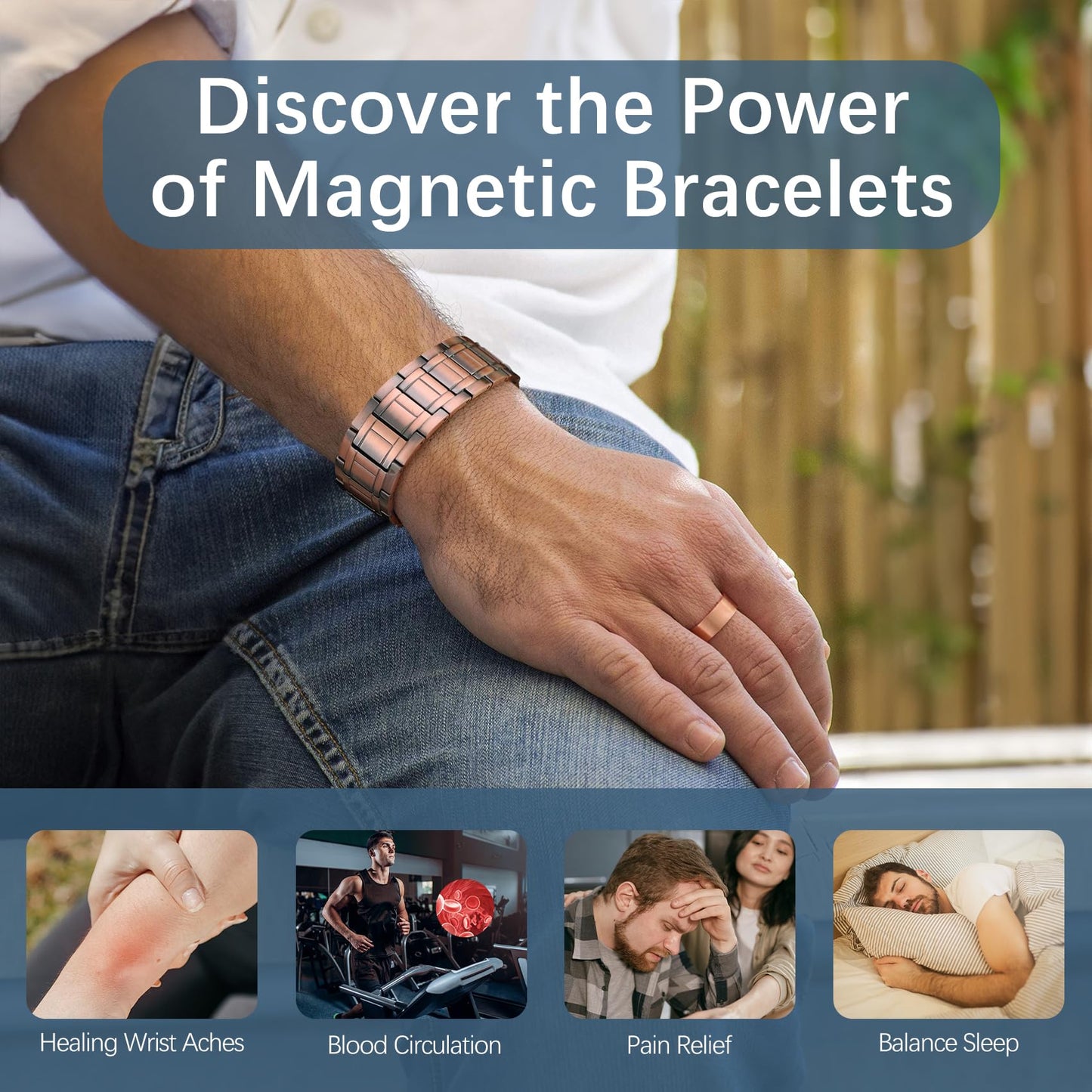 Jecanori 3X Magnetic Copper Bracelet for Men, Ultra Strength Magnetic Bracelet and Copper Ring Jewelry Gift Set with Adjust Tool