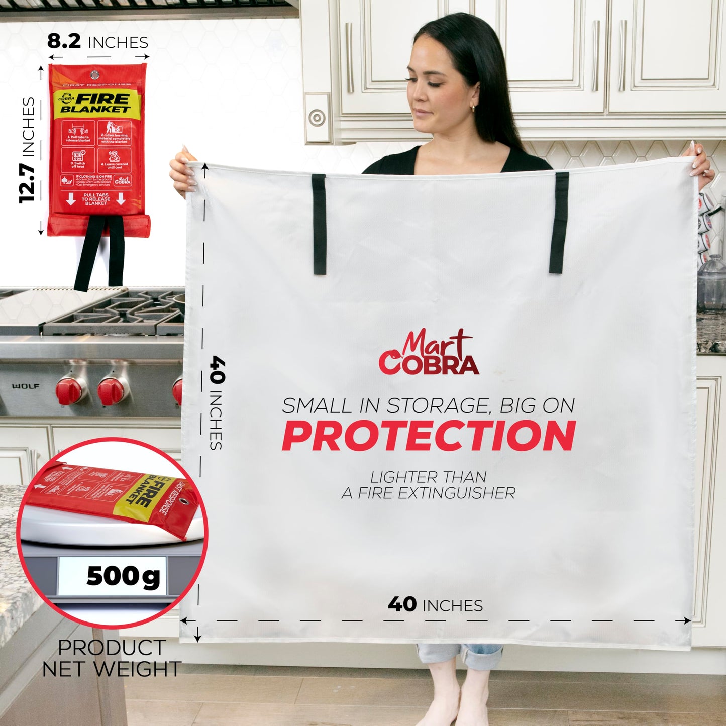 Mart Cobra Fire Blanket 2-Pack – Emergency Fire Suppression for Home & Kitchen – 40"x40" Fireproof Fiberglass Safety Blankets – Heat Resistant & Easy to Use – Smothers Grease & Electrical Fires