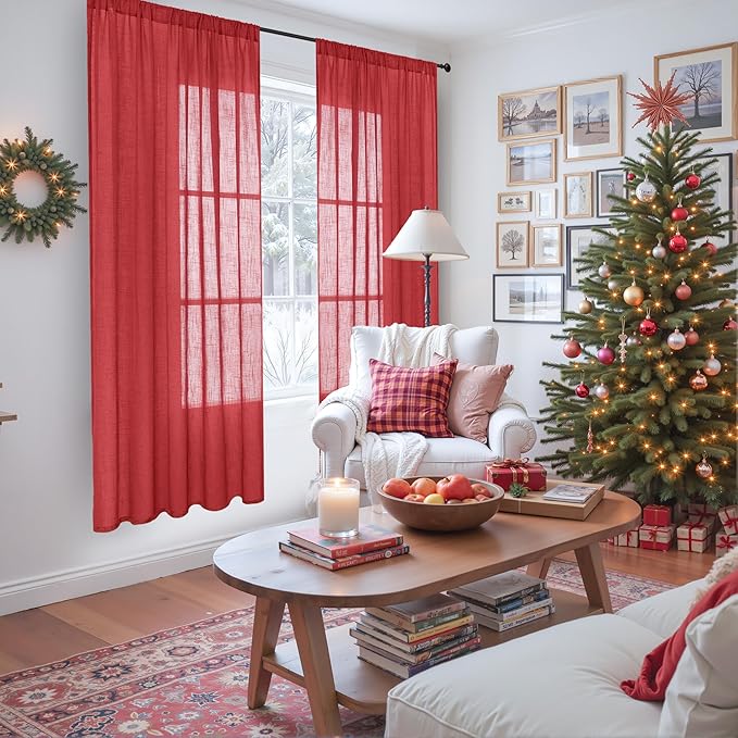 BGment Red Linen Curtains 72 Inches Long for Living Room, Semi Sheer Drapes with Rod Pocket Light Filtering for Bedroom Dining Lightweight, 2 Panels Set, Each 52 Inch Wide