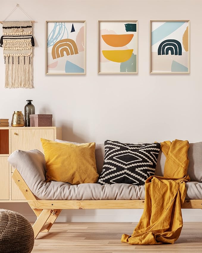 Framed Boho Wall Art for Bedroom,Abstract Canvas Wall Decor,12x16IN Minimalist High Framed Wood Design Prints for Living Room,Bathroom Set of 3