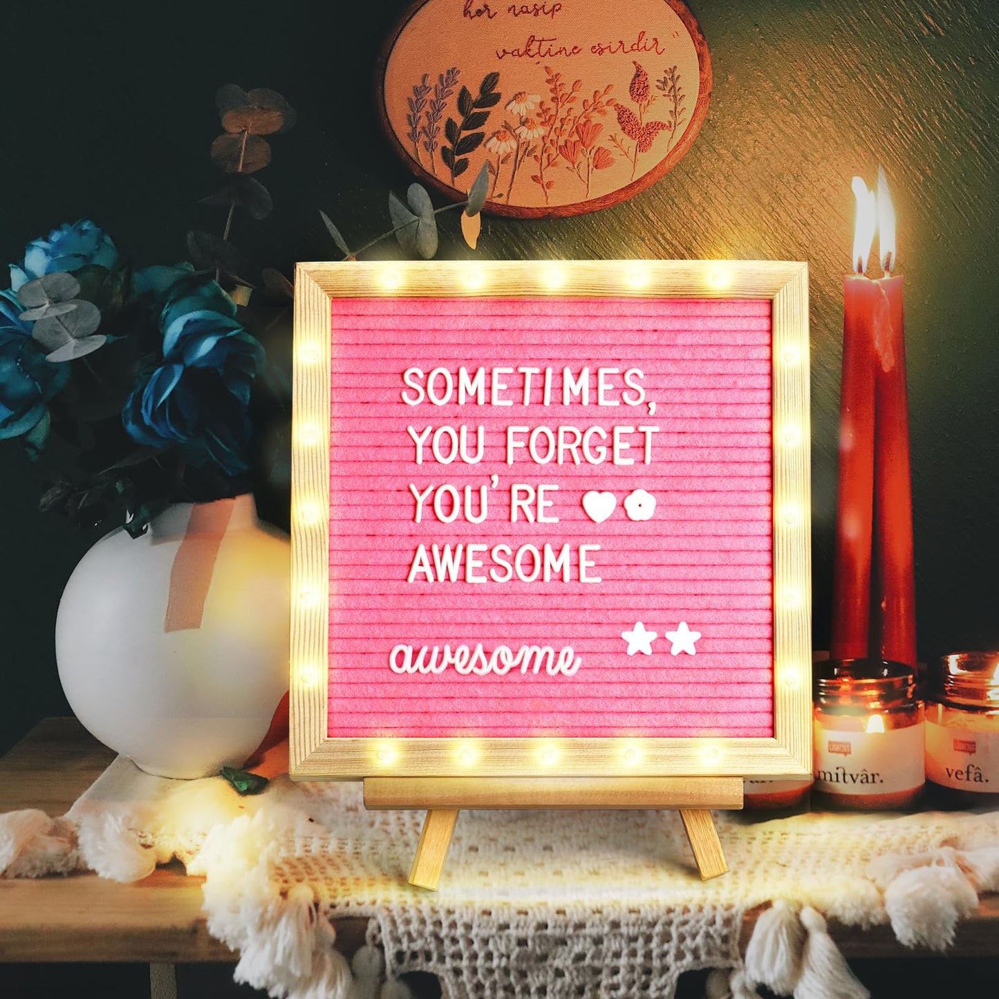 Pink Felt Letter Board with Lights, Built-in LED Lights -Message Board Adjustable Stand, 340 Letters and Christmas,- for Menus, Pregnancy Announcement, Weddings, Party Planning(10 * 10)