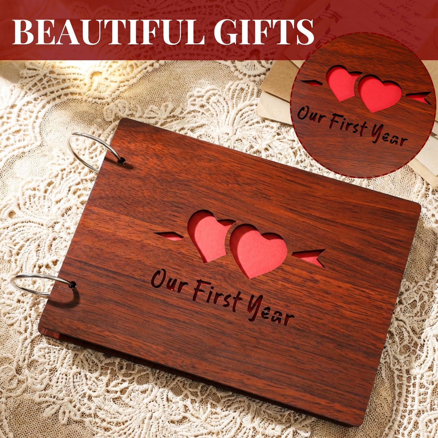 Kosiz Wooden Our First Year Anniversary Scrapbook, DIY Photo Album for Couples 8.7 x 6.3 Memory Book Wedding Love Gift for Anniversary Journaling DIY Accessory