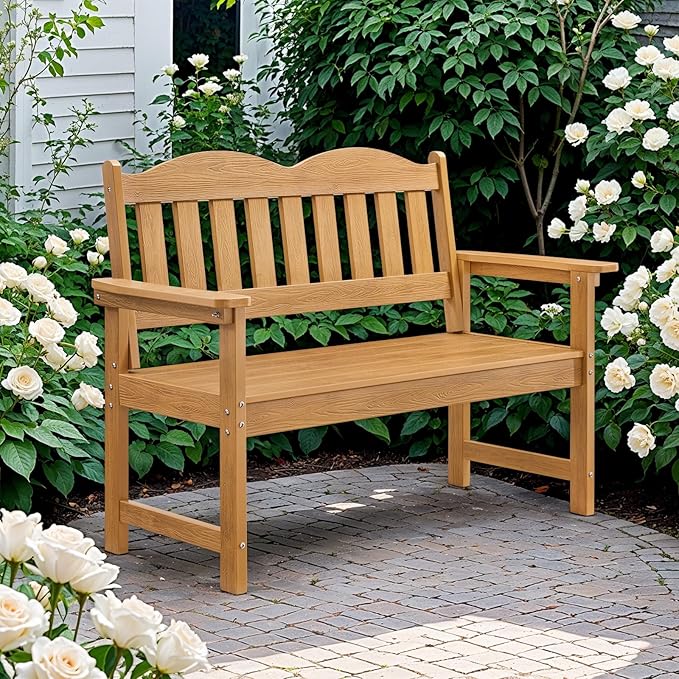 ONBRILL Outdoor Bench, 2-Person Poly Lumber Garden Bench with 800 lbs Weight Capacity, All-Weather Patio Bench with Armrests and Backrest for Garden, Porch, Backyard and Park, Teak