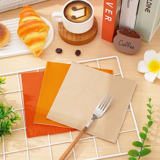 Whaline 150 Pack Fall Color Orange Napkins 6.5 x 6.5 Inch 3 Colors Disposable Paper Napkins Orange Theme Fall Dinner Napkins for Autumn Thanksgiving Party Celebration Supplies Table Decorations