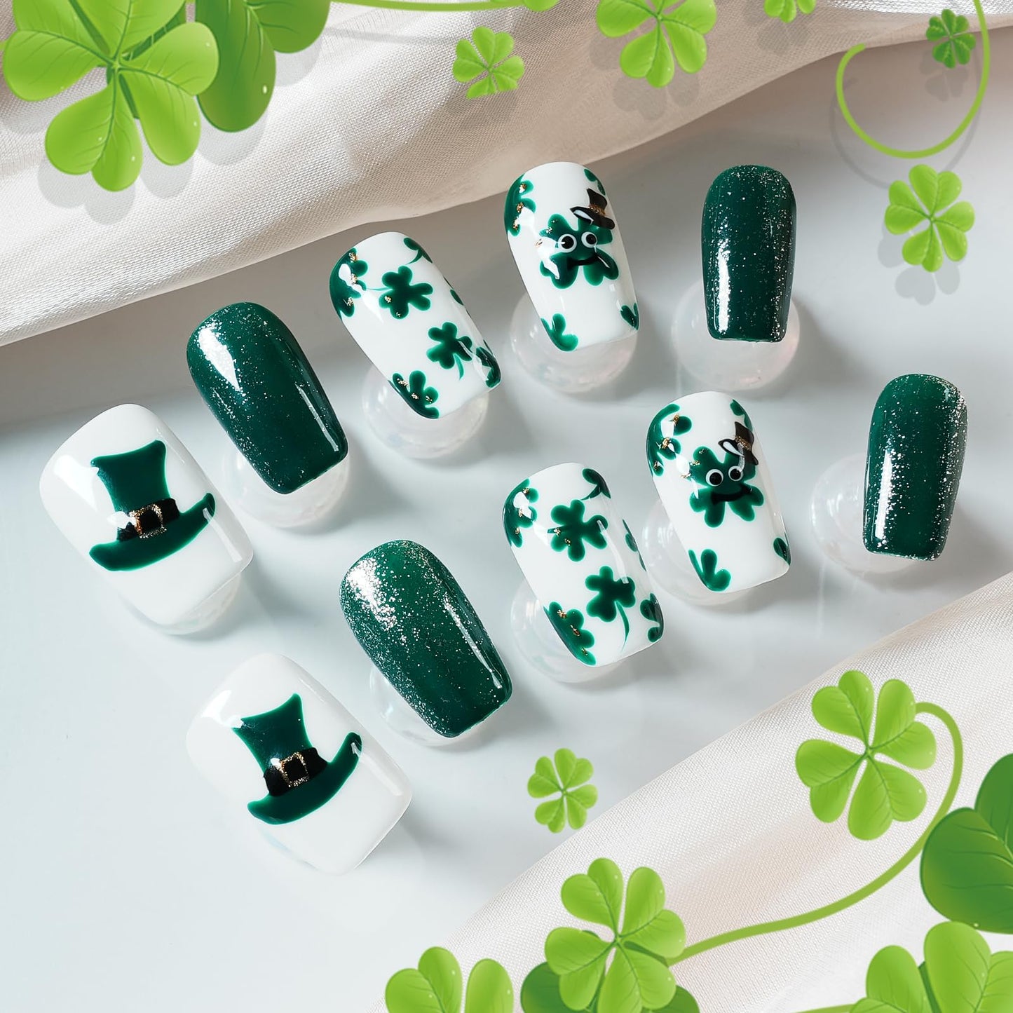 Tesytto Medium Coffin Press On Nails, Green Glitter & White Fake Nails with 3D Green Hat & Clover Print, Handmade Acrylic Nails Glossy Full Cover False Nails (Size L)